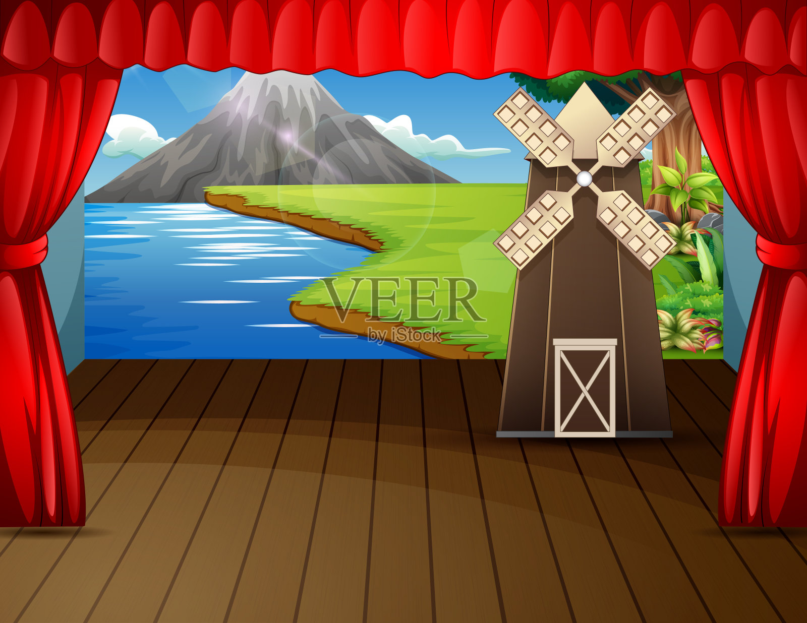 舞台背景与风车和景观插画图片素材