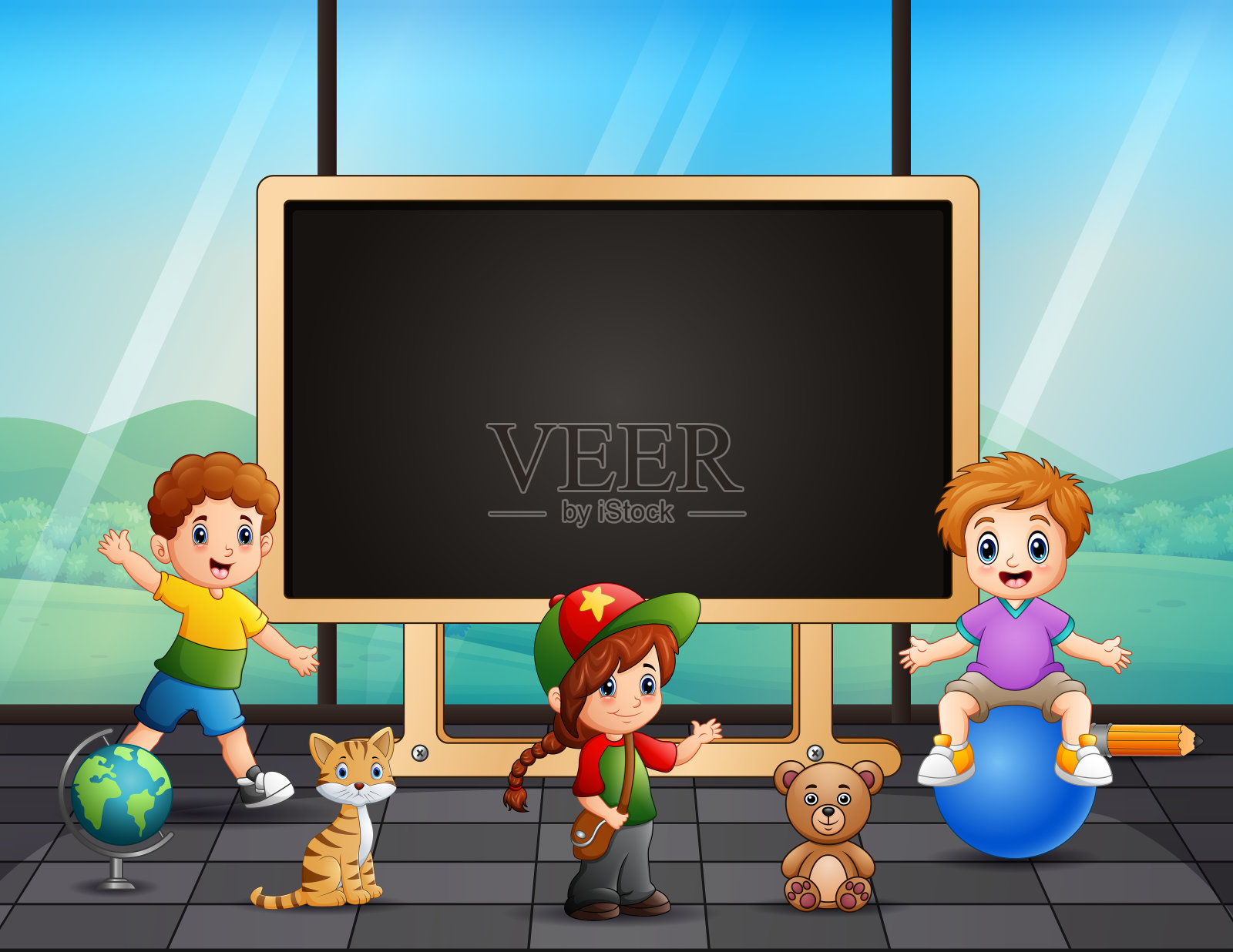 快乐的孩子们在房间里玩耍插画图片素材