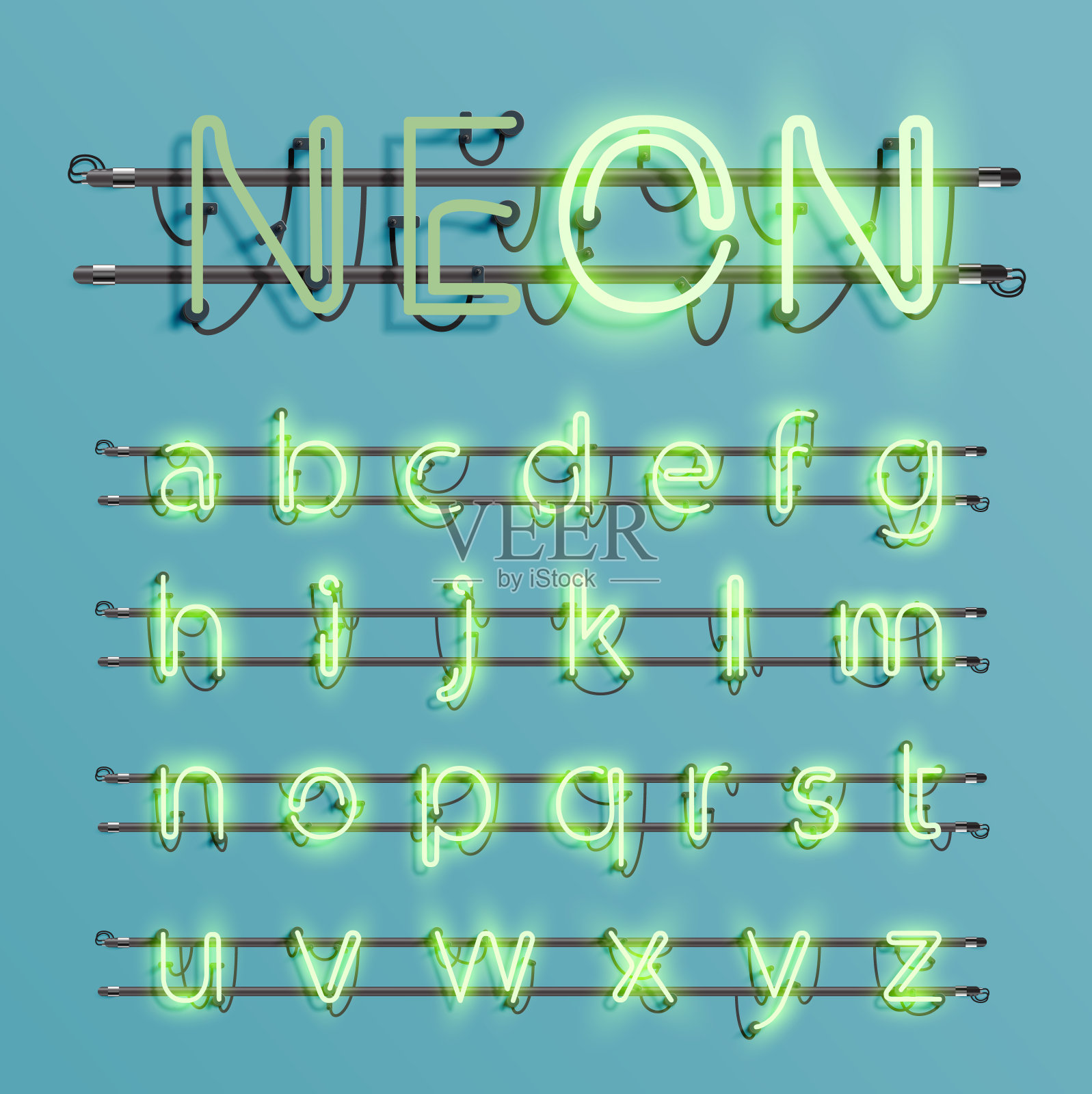 现实的霓虹灯字体与电线和控制台，矢量插图插画图片素材