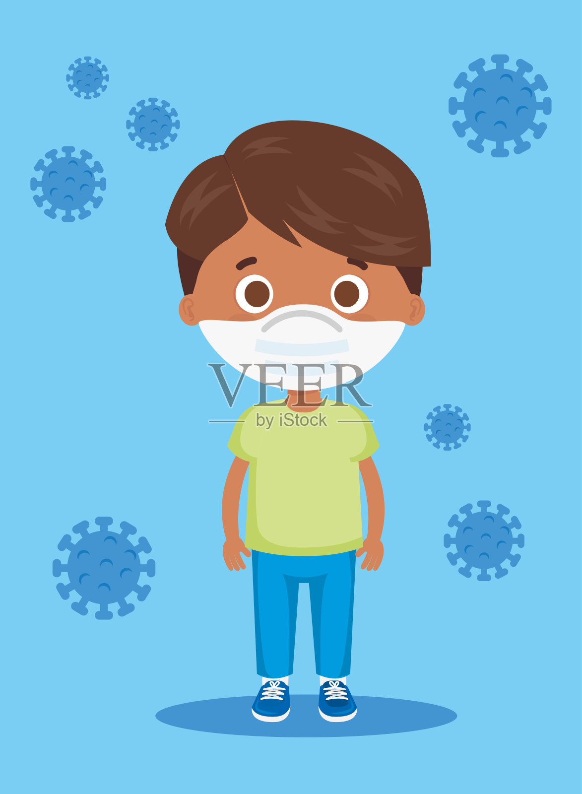 可爱的男孩用带有微粒的口罩做的爆炸头插画图片素材