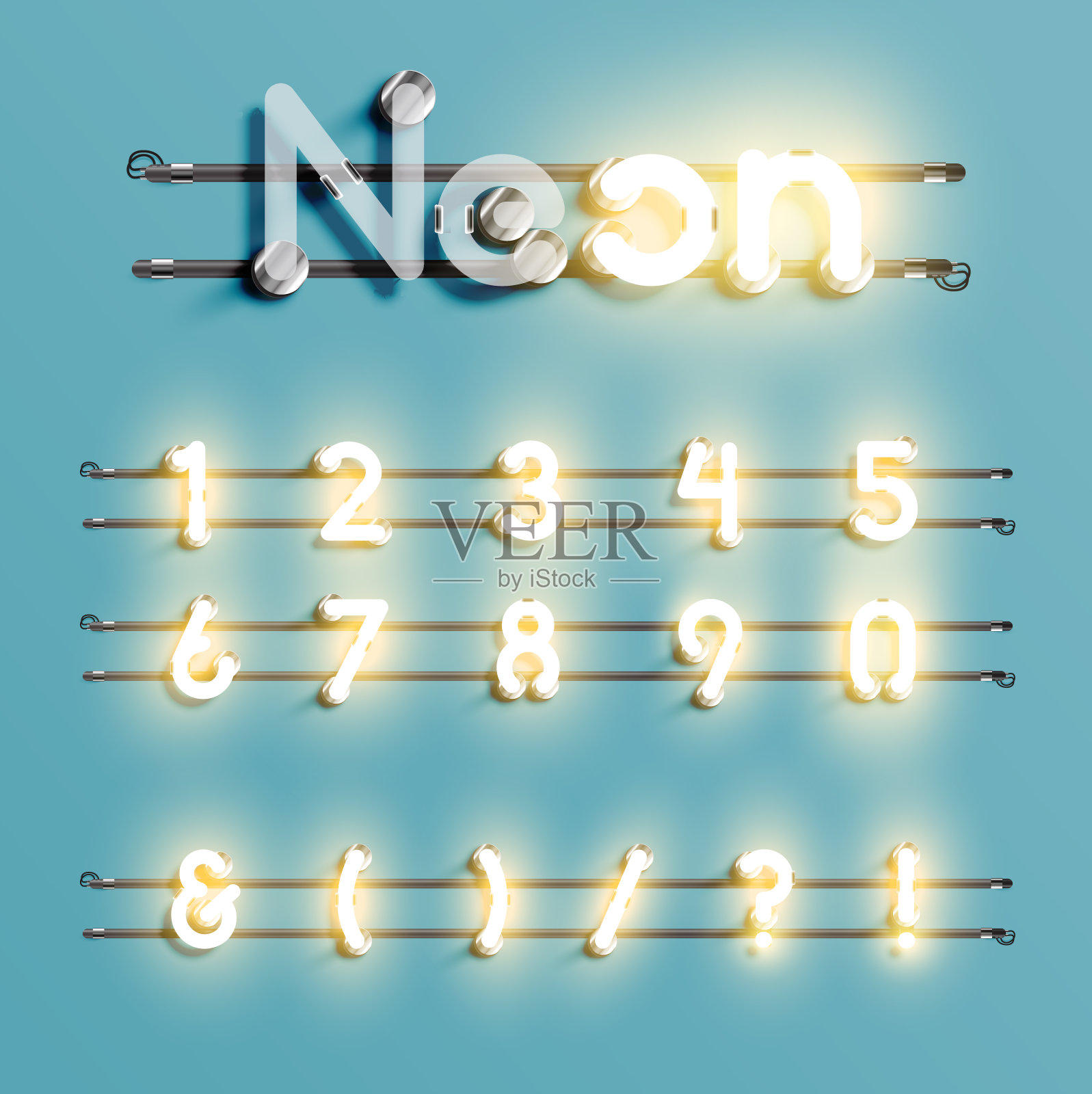 现实的霓虹灯字体与电线和控制台，矢量插图插画图片素材