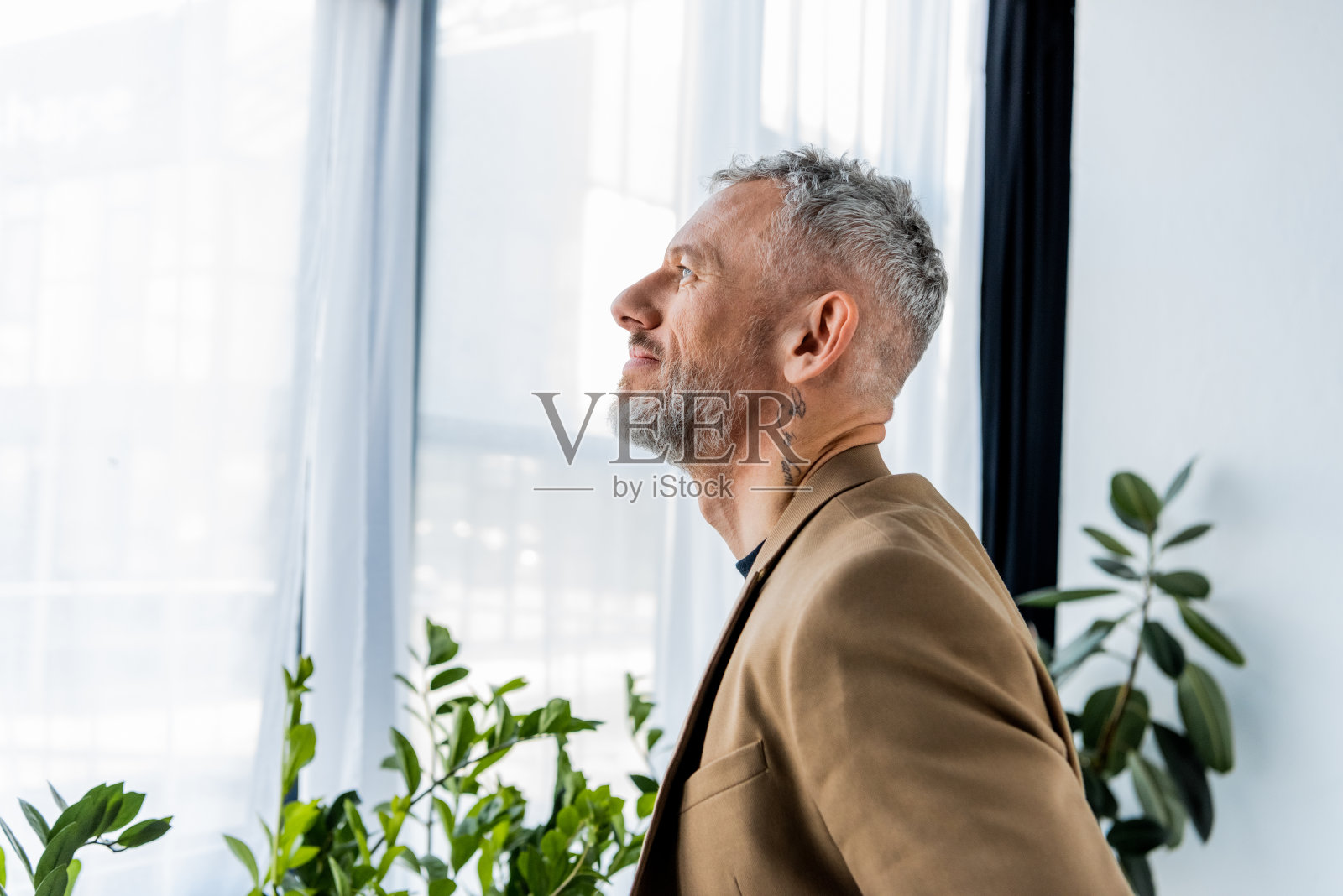 侧面的快乐和纹身商人微笑在办公室照片摄影图片