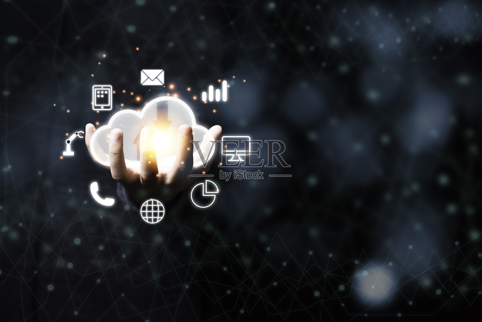 借助云技术转型和物联网，牵手虚拟人工智能。云技术管理大数据包括商业战略、客户服务。照片摄影图片