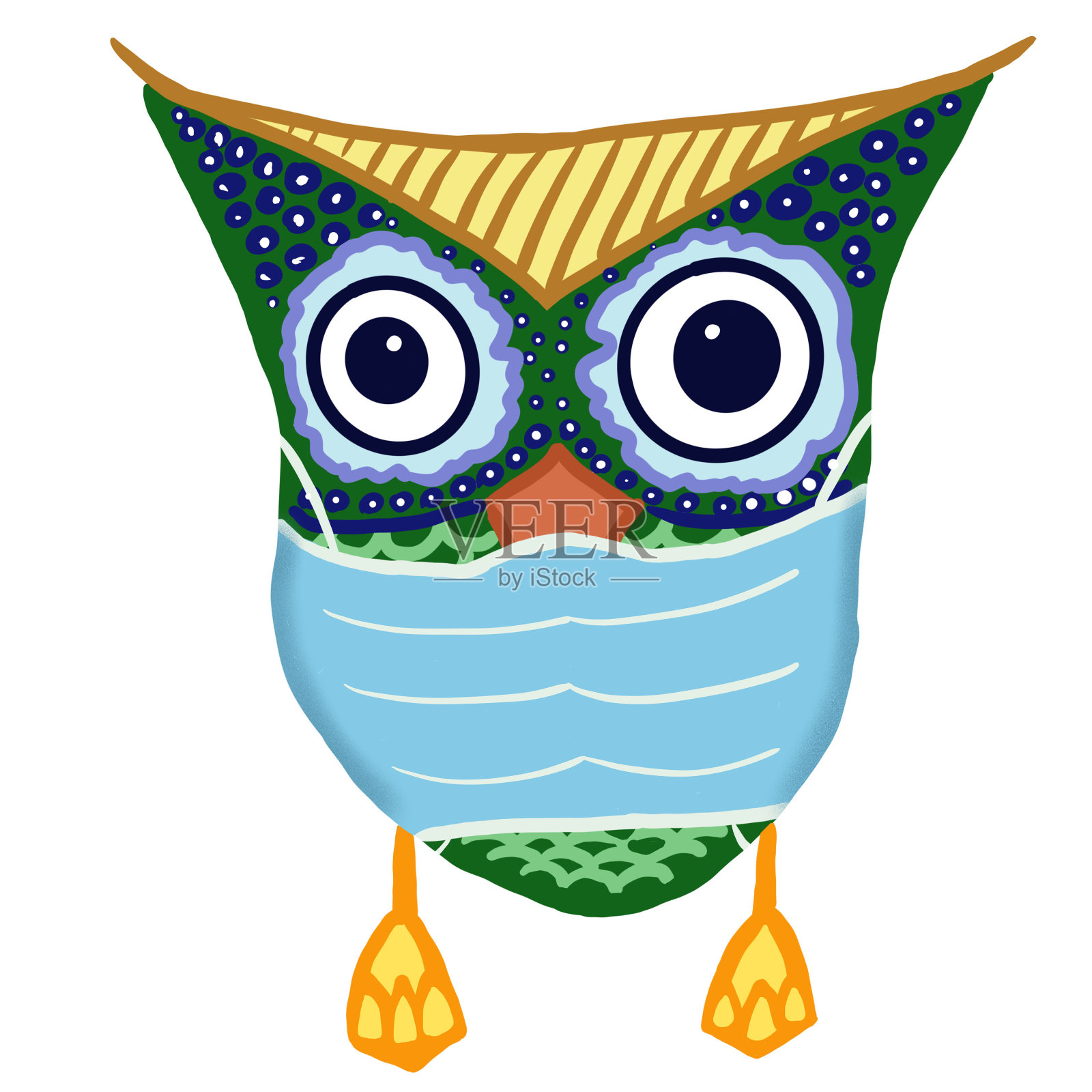 卡通彩色猫头鹰在白色背景的医疗面具。病毒流感疾病保护新型冠状病毒肺炎孩子们设计。设计元素图片