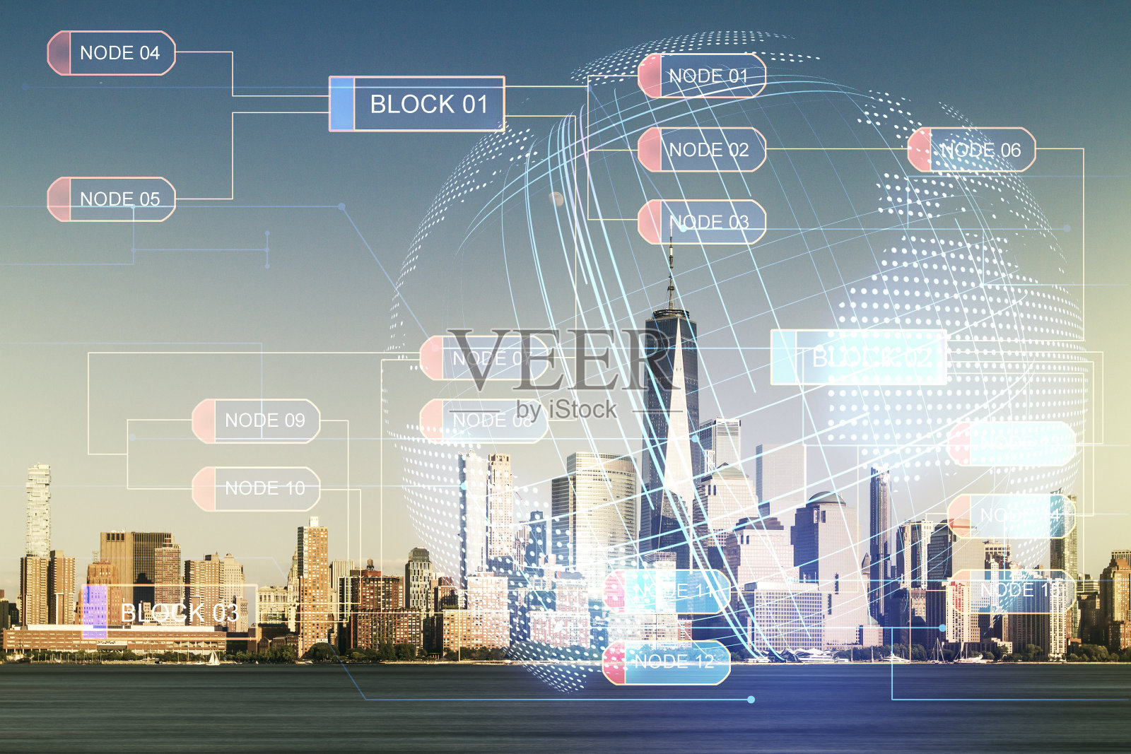 抽象创意编程插画和世界地图的双重曝光在纽约市办公大楼背景，大数据和区块链概念照片摄影图片