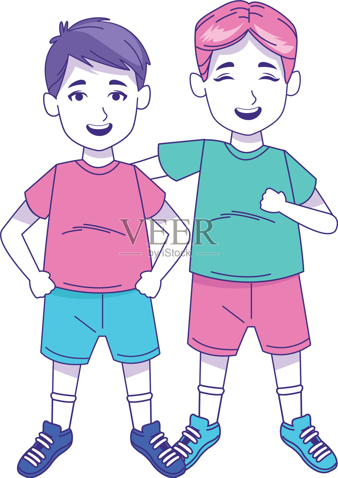 小男孩站在五颜六色的图标设计插画图片素材