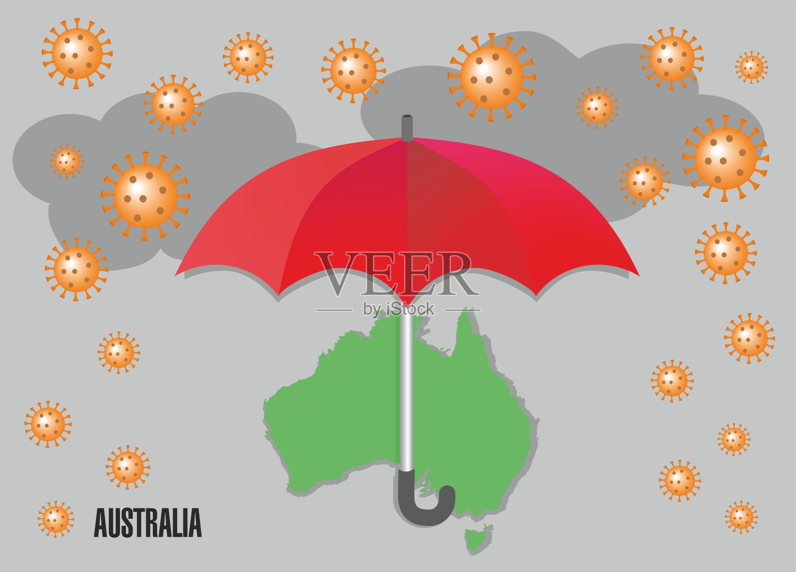 红伞抵御冠状病毒的痛苦和悲伤，澳大利亚地图。矢量插图。插画图片素材