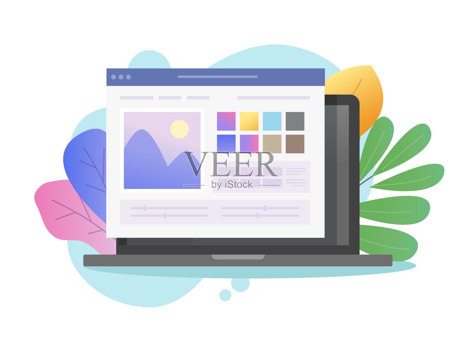 图像软件照片编辑器在线矢量在笔记本电脑或电脑艺术家工作室图片创作和数字绘图程序平面卡通，摄影师的概念软上多彩的背景插画图片素材