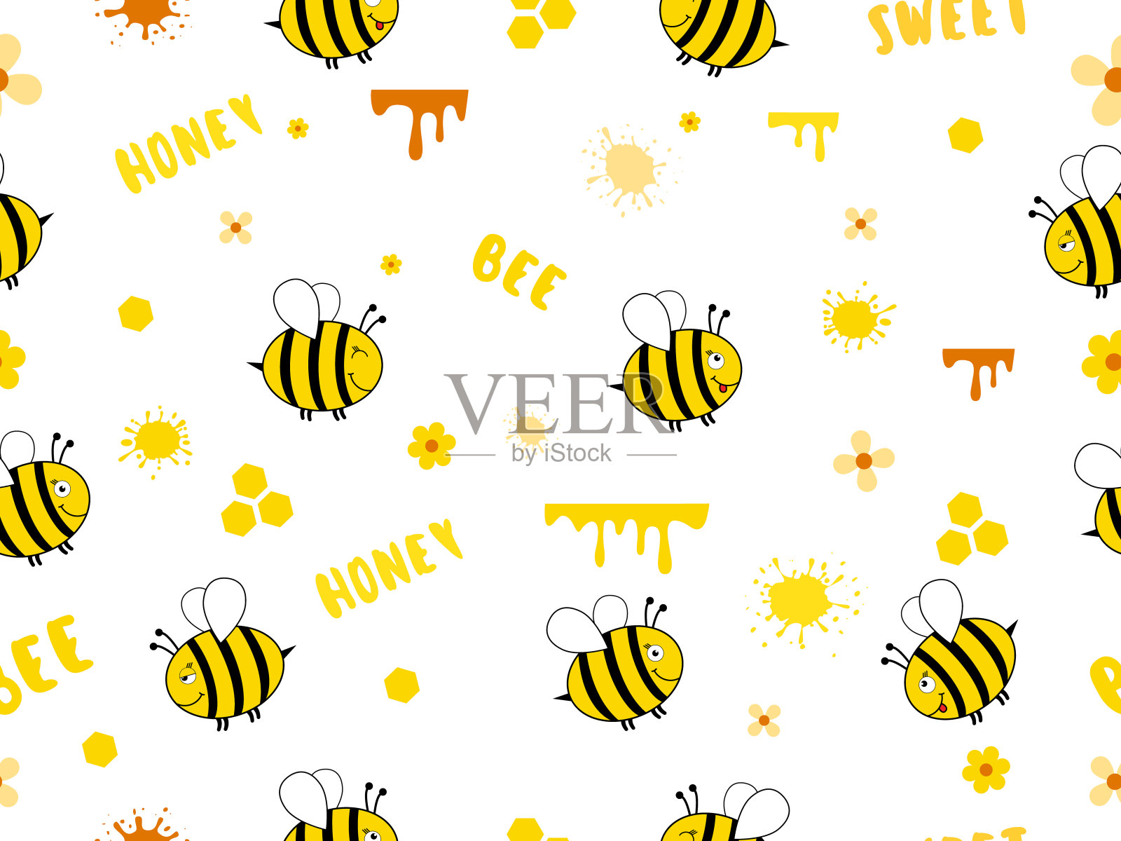 无缝模式与飞行的蜜蜂。矢量卡通切割黑色和黄色的蜜蜂插画图片素材