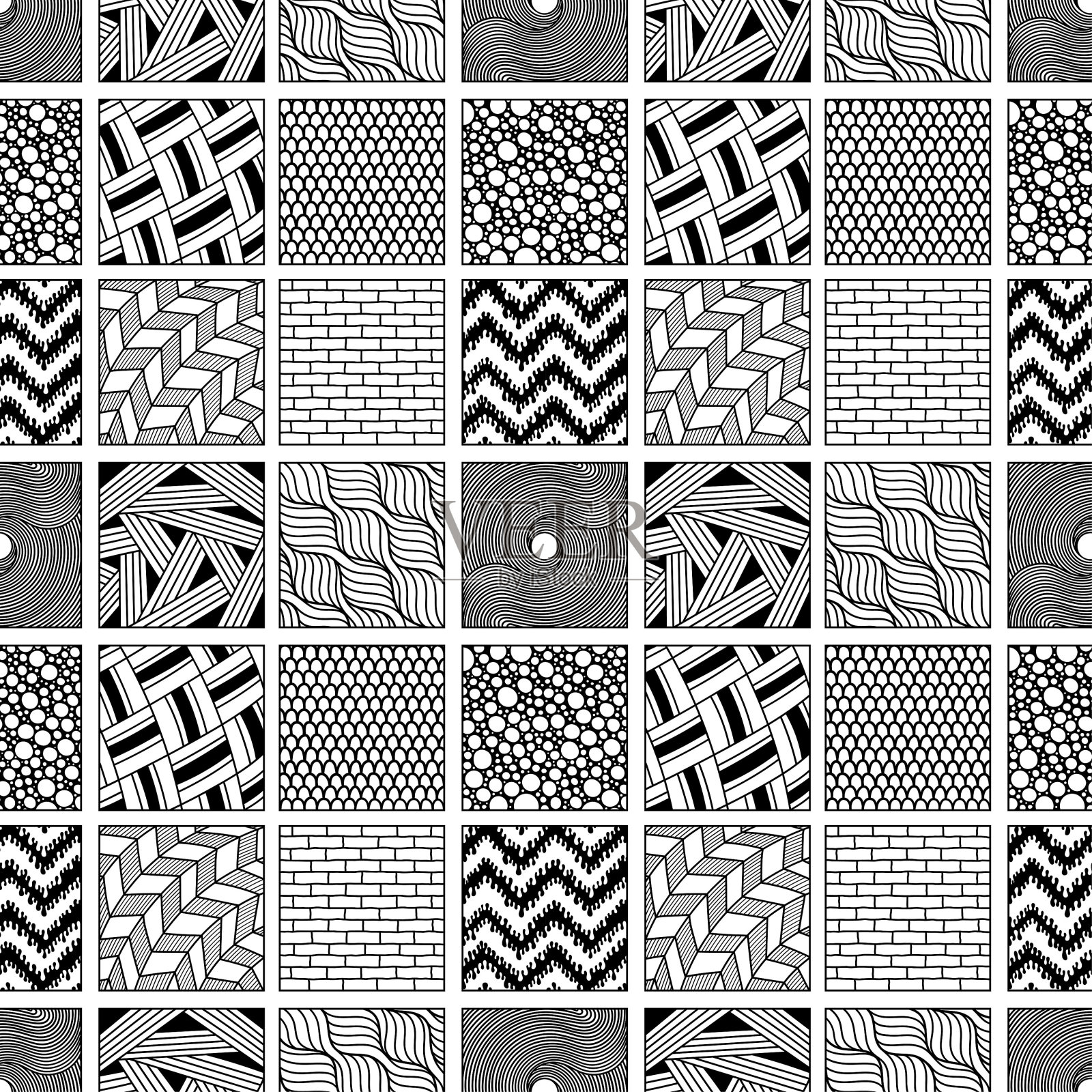 矢量涂鸦瓷砖图案。手绘马赛克无缝装饰。插画图片素材