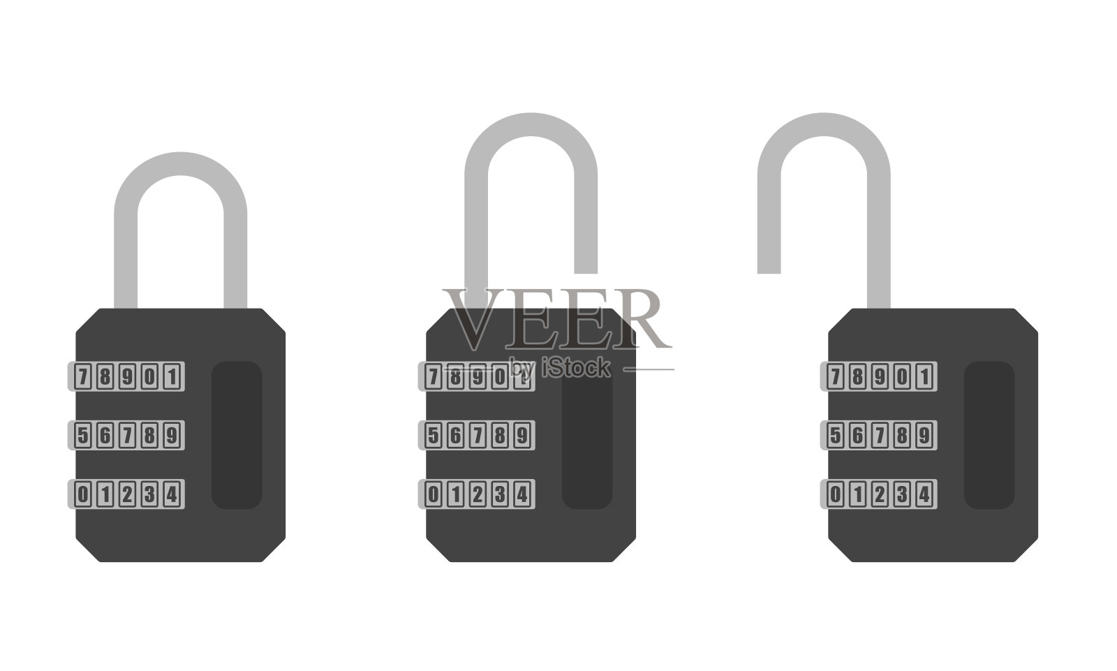 锁用数字密码密码在打开和关闭的位置在灰色上的白色。孤立的向量插画图片素材