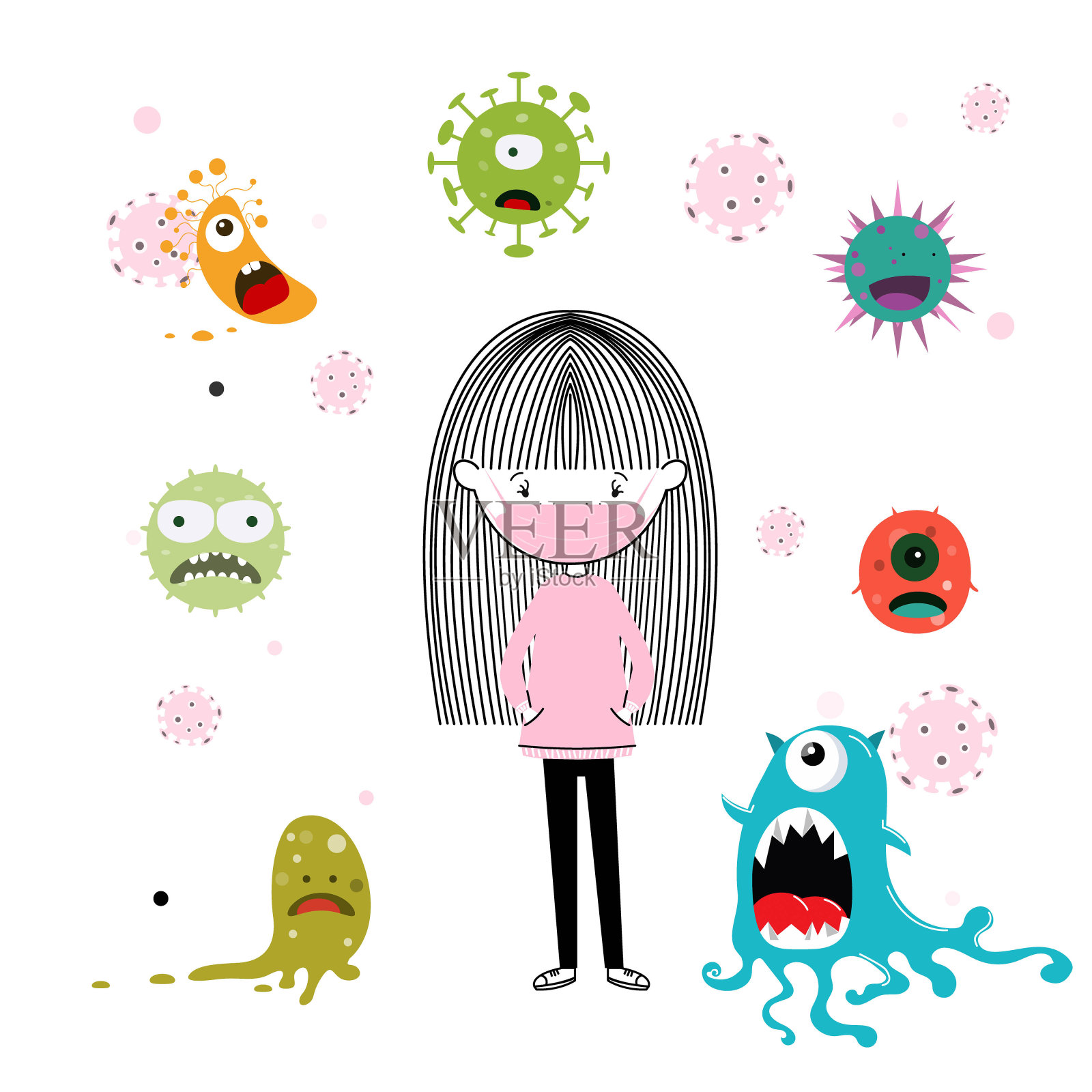 可爱的小女生戴着口罩抵御新冠病毒、病媒细菌设计插画图片素材
