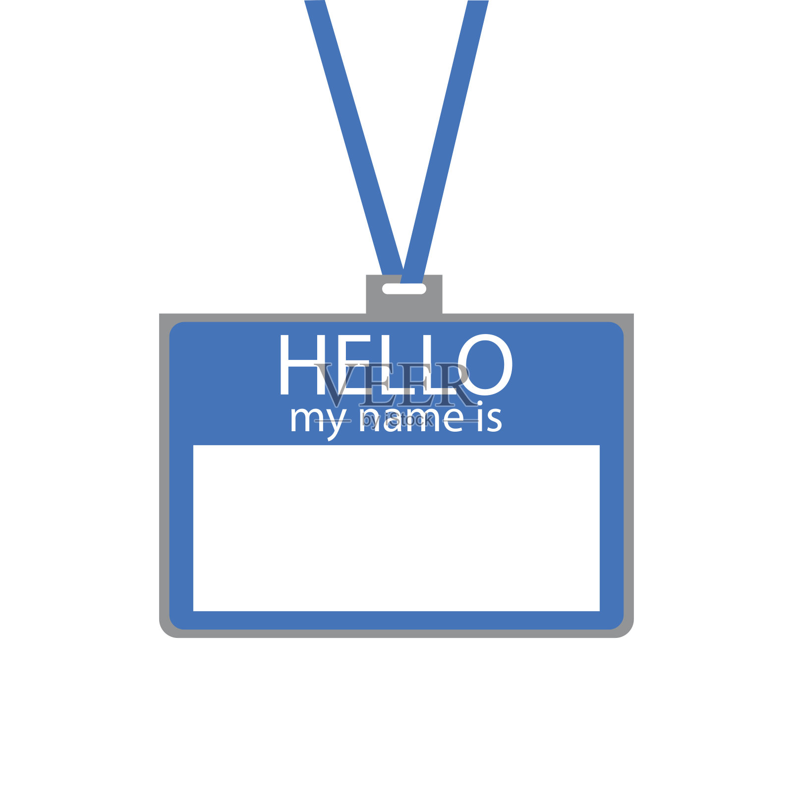 蓝色的徽章上有一条蓝色的线，在白色的背景上刻着:“你好，我的名字是”，有一个空的地方刻着字。矢量插图。股票的照片。插画图片素材