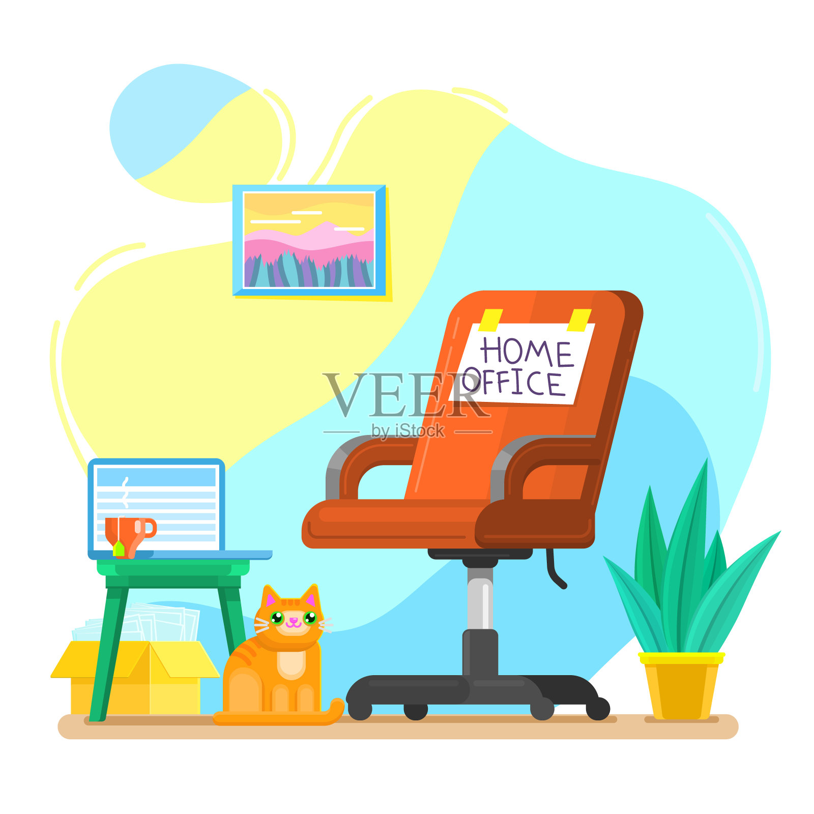 内政部的概念。室内配备红色椅子和工作场所。插画图片素材