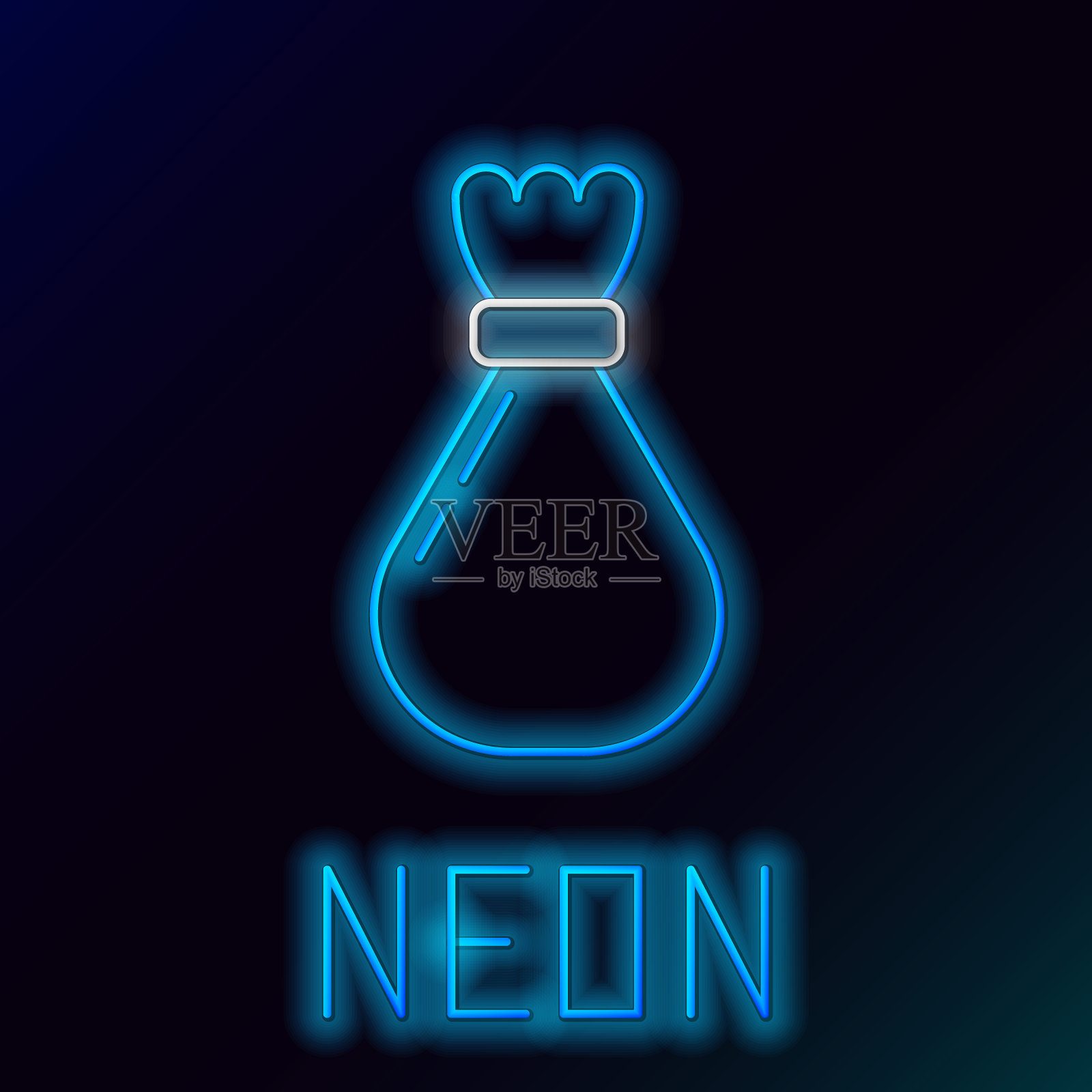 蓝色发光的霓虹线垃圾袋图标在黑色的背景。色彩斑斓的轮廓的概念。矢量图插画图片素材