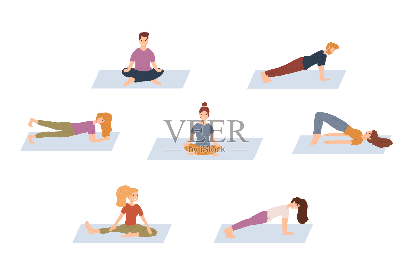 一组微笑的年轻人:男女做体育活动。运动和健康的生活方式，锻炼锻炼。瑜伽和冥想概念。平面卡通矢量插图。设计元素图片