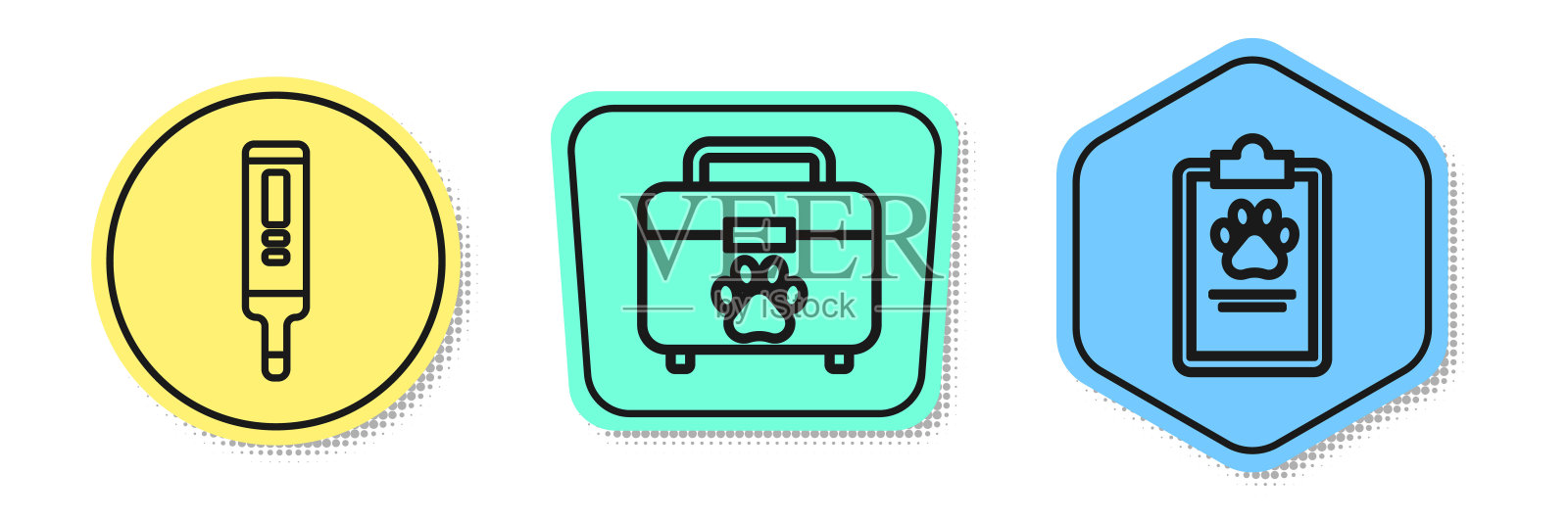 配有医用数字体温计、宠物急救箱和带医疗临床记录宠物的剪贴板。颜色的形状。向量插画图片素材