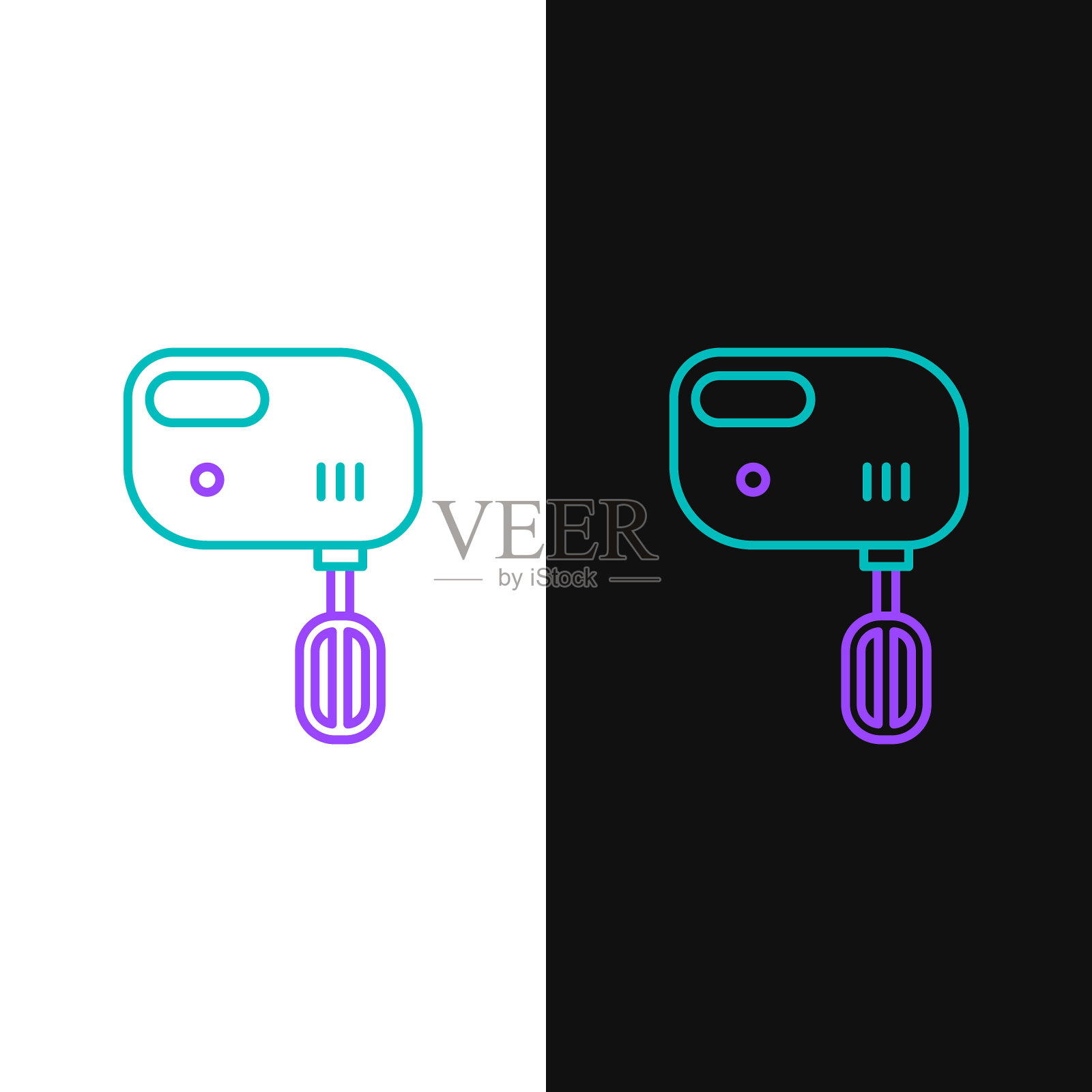 绿色和紫色线电动混频器图标孤立在白色和黑色的背景。厨房的搅拌器。矢量图插画图片素材