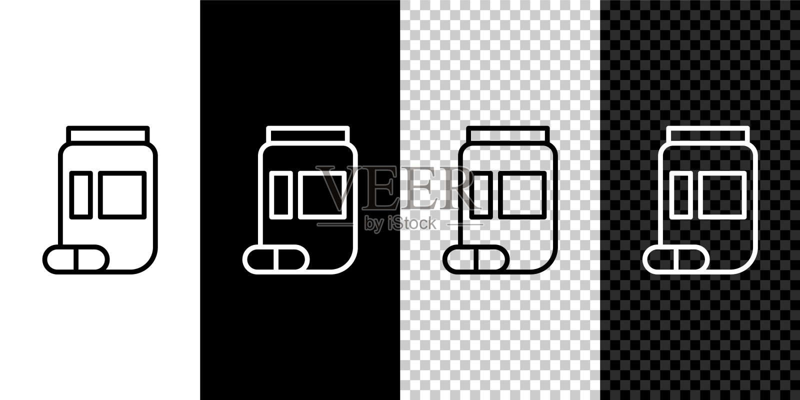 设定线药瓶和药丸图标隔离在黑白背景。瓶药丸的迹象。药店的设计。矢量图图标素材