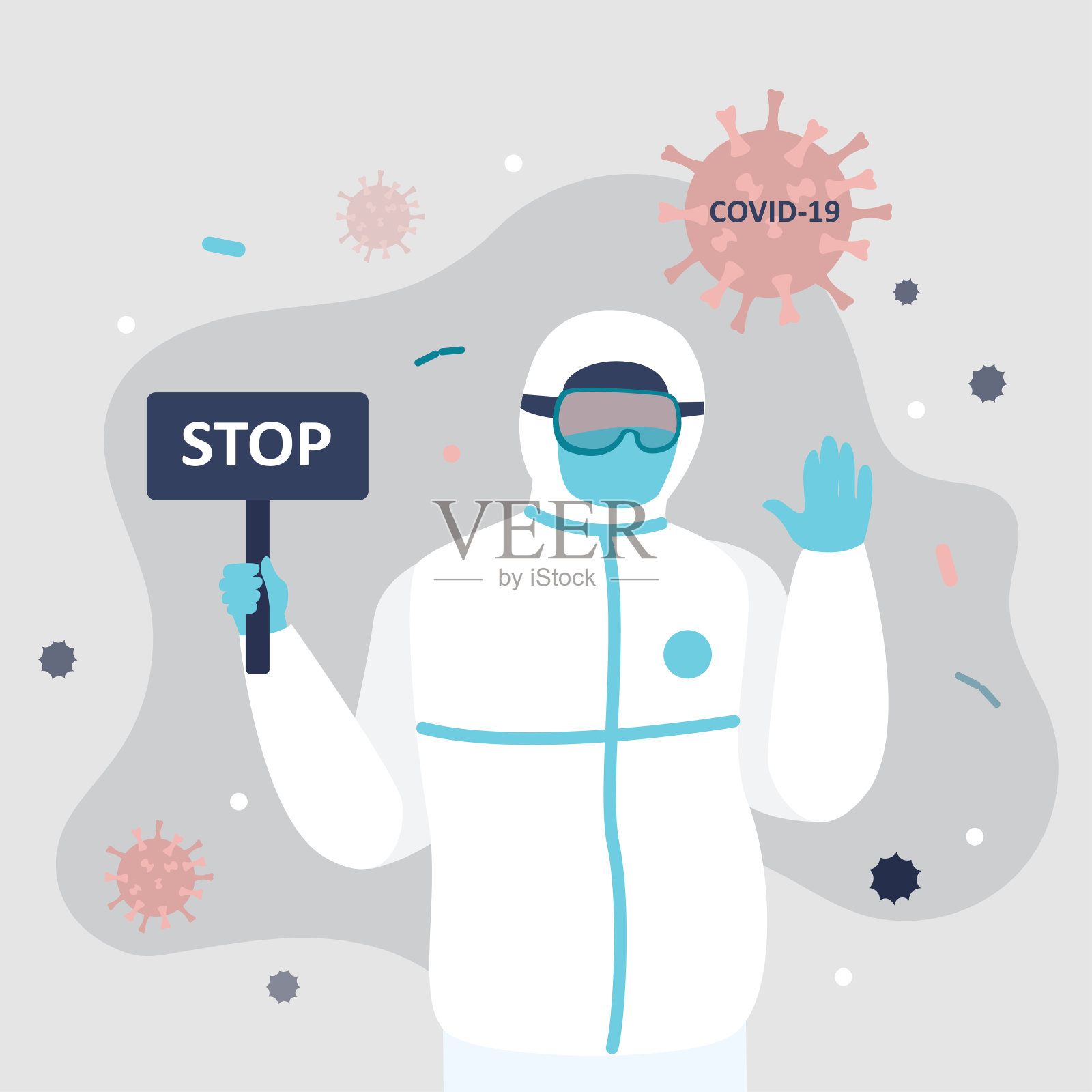 身着特殊防护服的医生。医务工作者举着带有文字停止的板。covid-19大病毒。插画图片素材