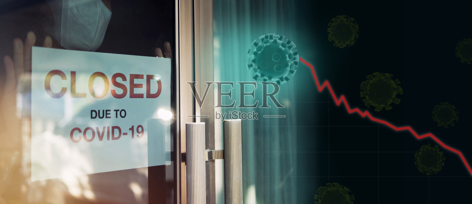 业务办公室关门、业务破产、全球经济危机受新冠肺炎大流行影响等概念。戴着口罩的不明身份者用3d病毒衰退图在前门贴上关闭标志照片摄影图片