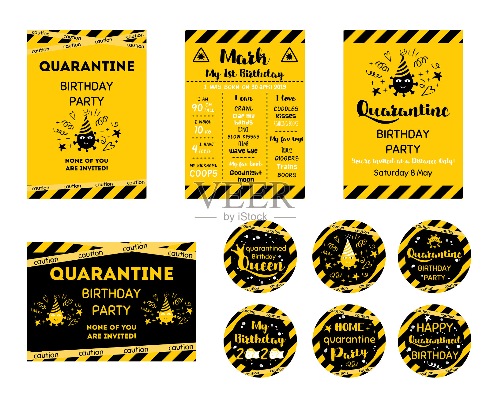 隔离区生日set Home party邀请函黄色黑色生日卡片upcake toppers生日在线party横幅设计元素图片