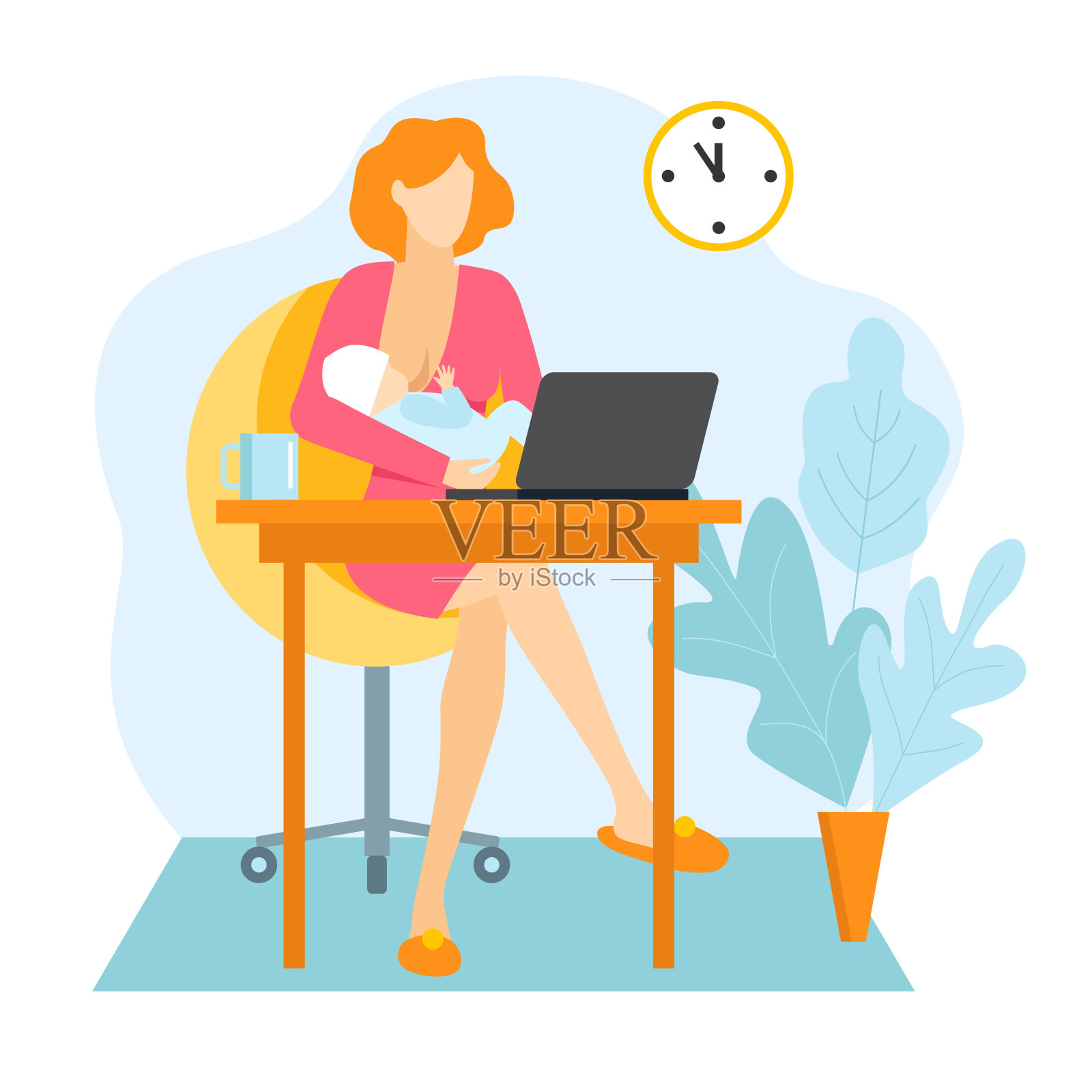 年轻的母亲一边用笔记本电脑给孩子喂奶。插画图片素材