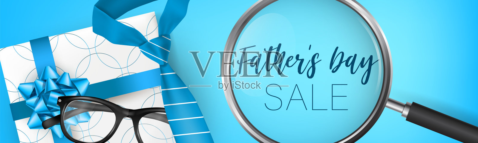 父亲节销售横幅或标题快乐。蓝领带，眼镜，间谍眼镜，礼盒。矢量插图。插画图片素材