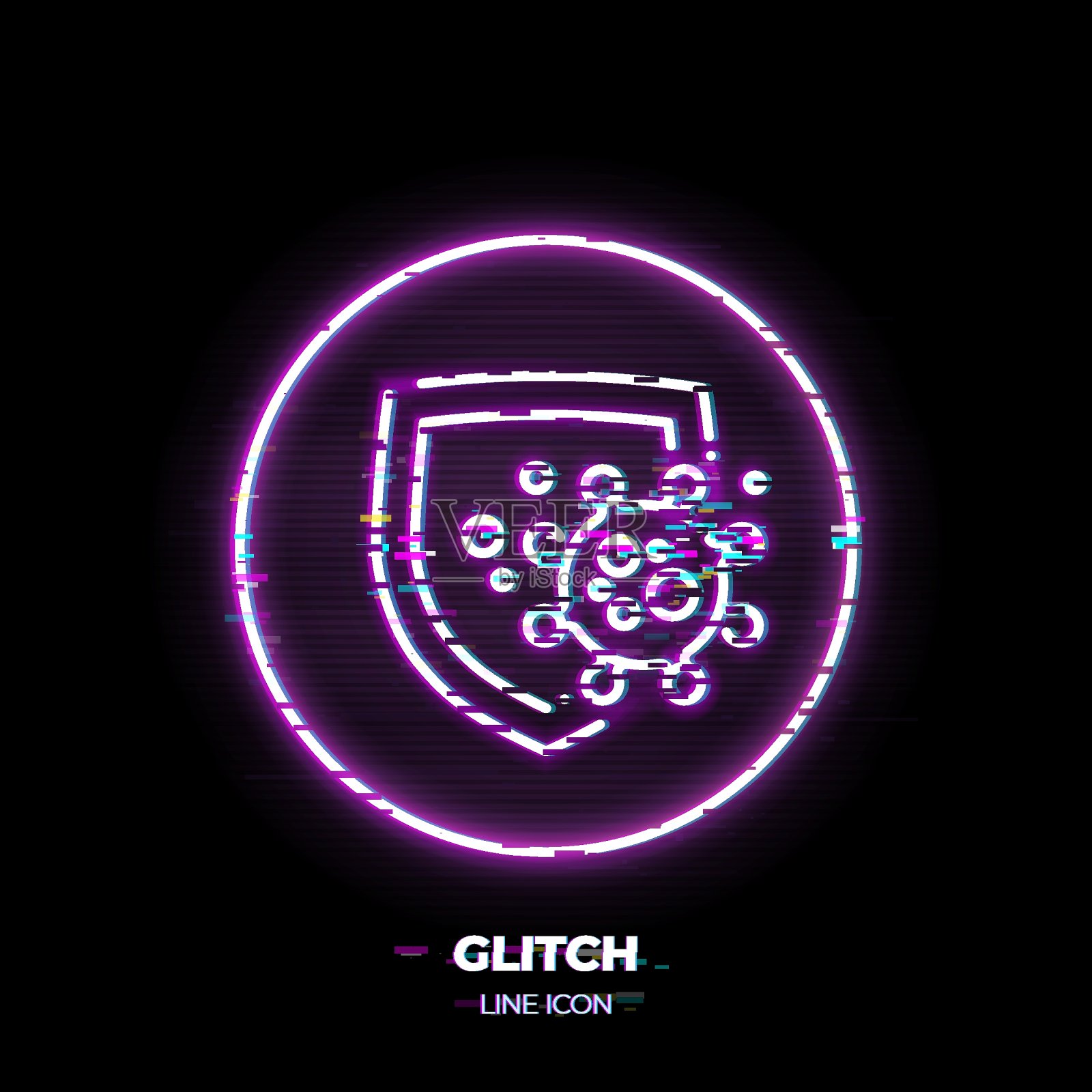 盾牌保护免受病毒细胞线艺术矢量图标。健康防护的轮廓符号。由细笔画构成的免疫防御象形图。80年代的网络朋克风格。设计元素图片