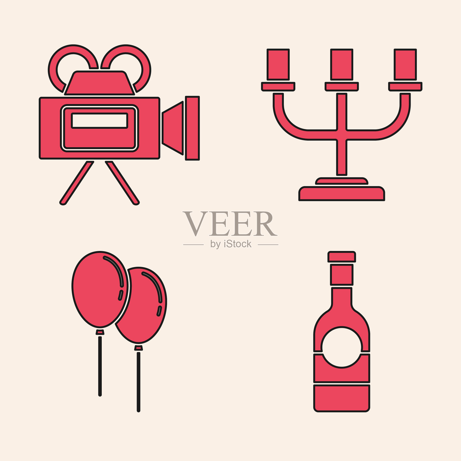 设置香槟瓶电影摄像机烛台图标素材