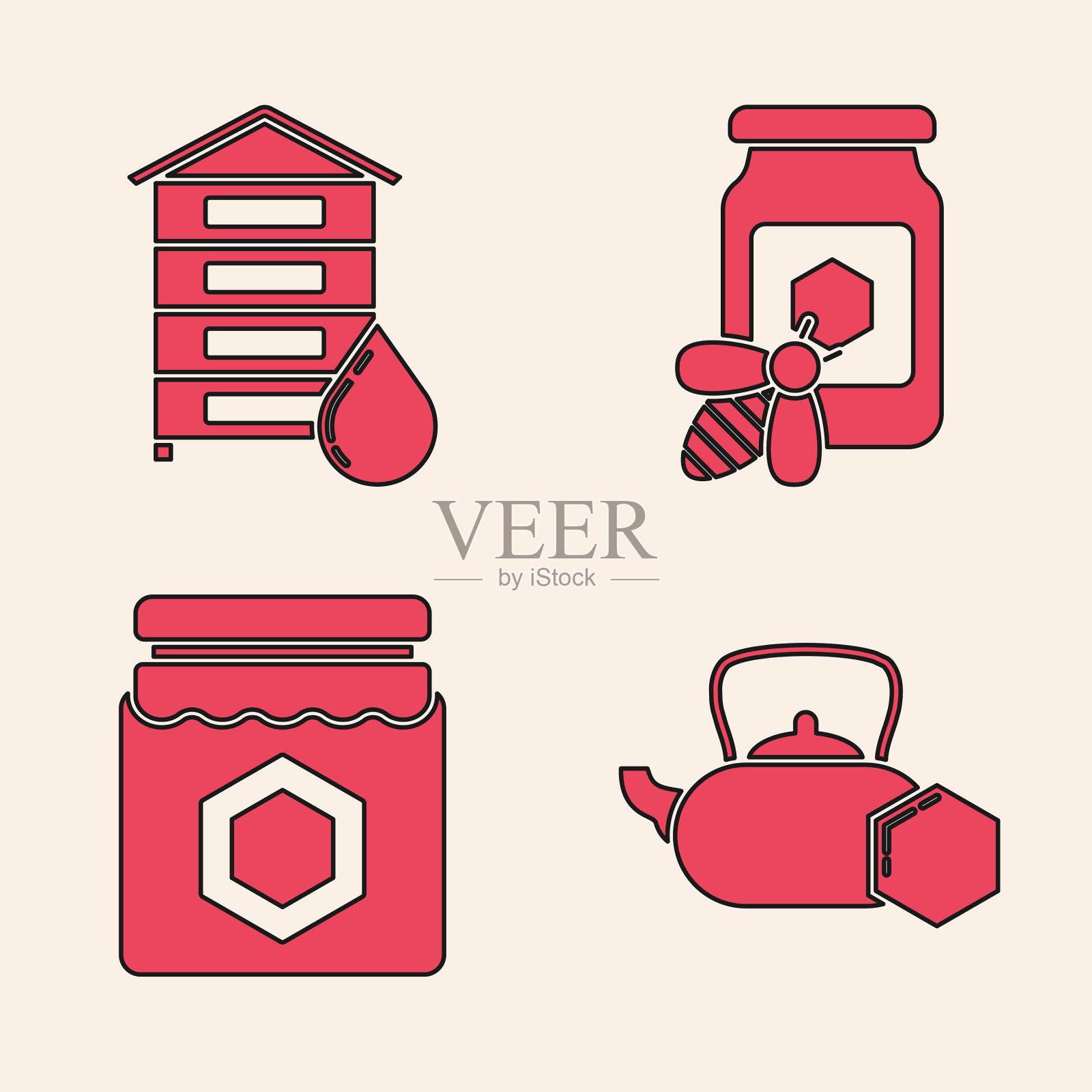 将茶壶与蜂蜜蜂箱为蜜蜂罐图标素材