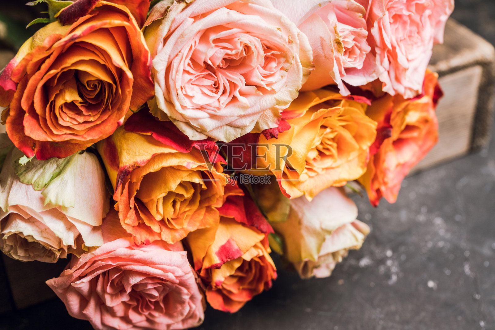 以乡村为背景的彩色玫瑰花束照片摄影图片