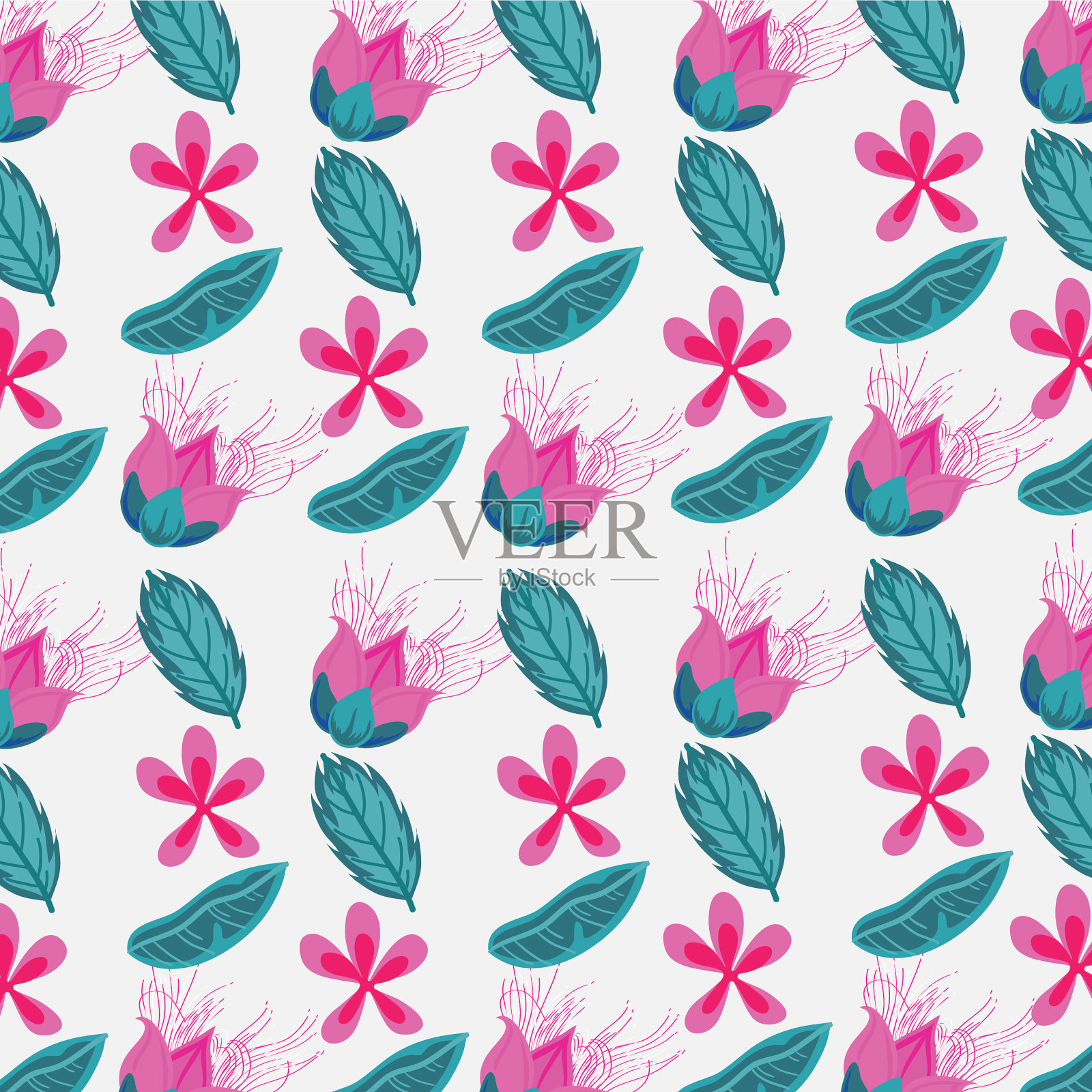 热带叶棕榈树和花卉自然图案插画图片素材