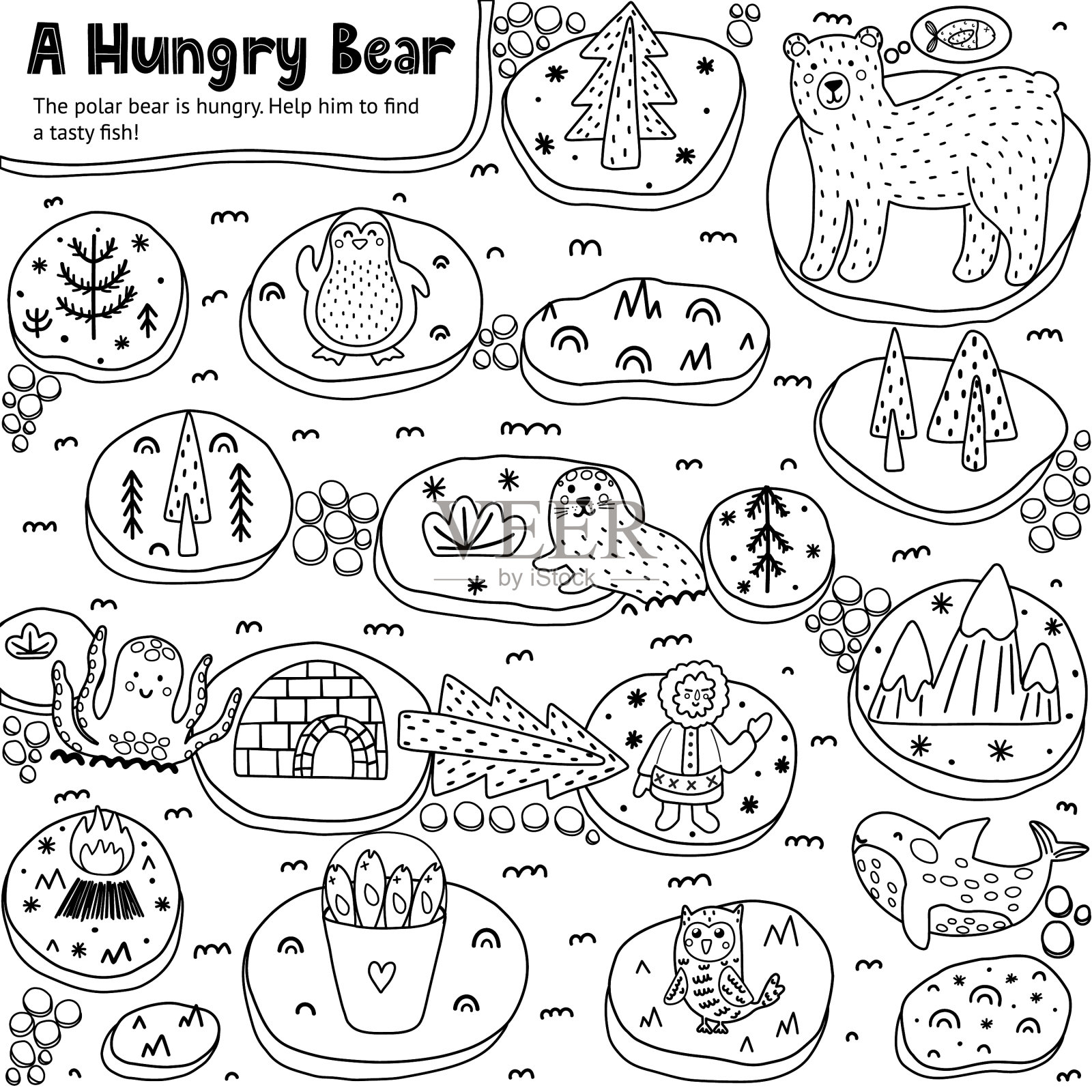 一个饥饿的熊为黑白迷宫游戏插画图片素材