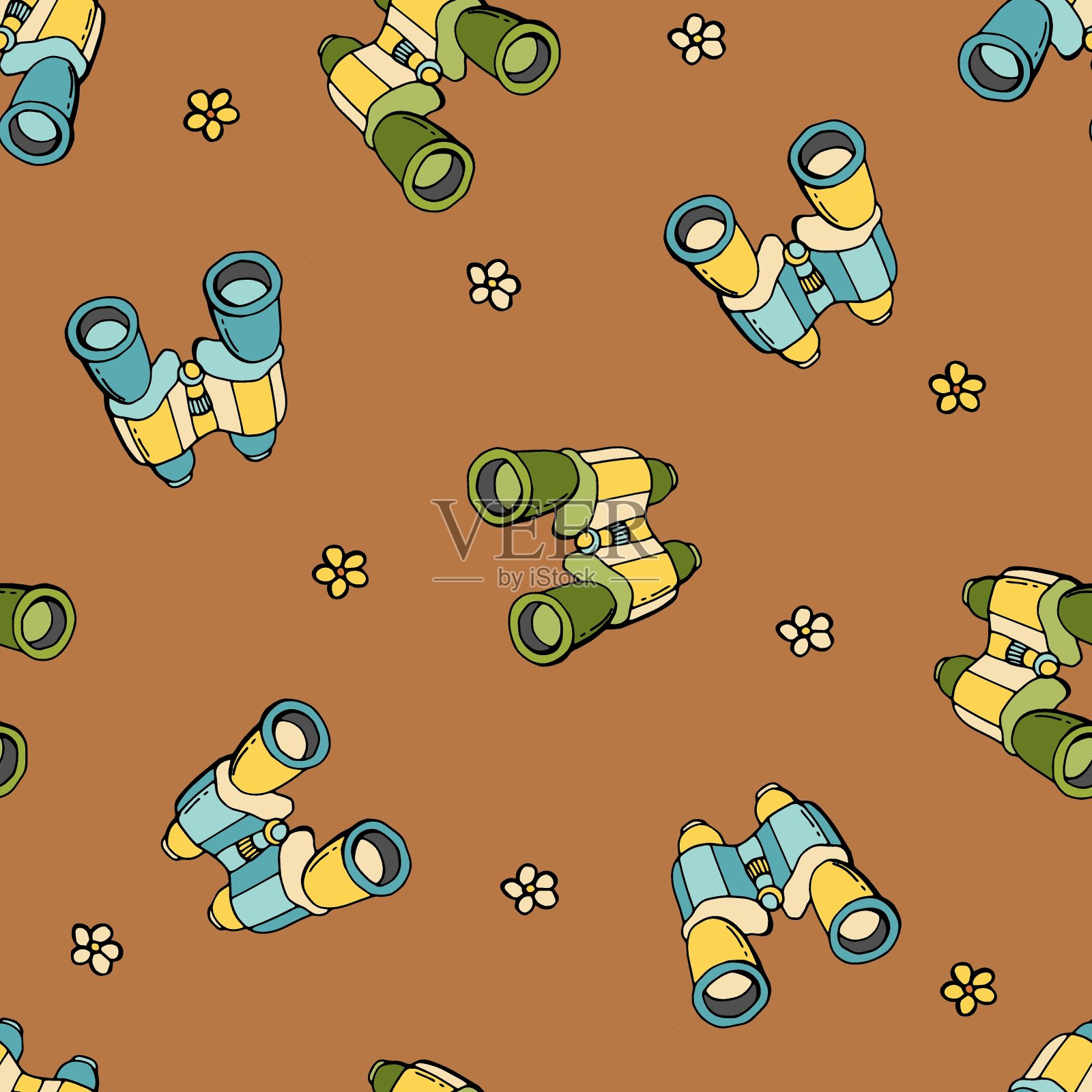 双筒望远镜和花的无缝图案。插画图片素材