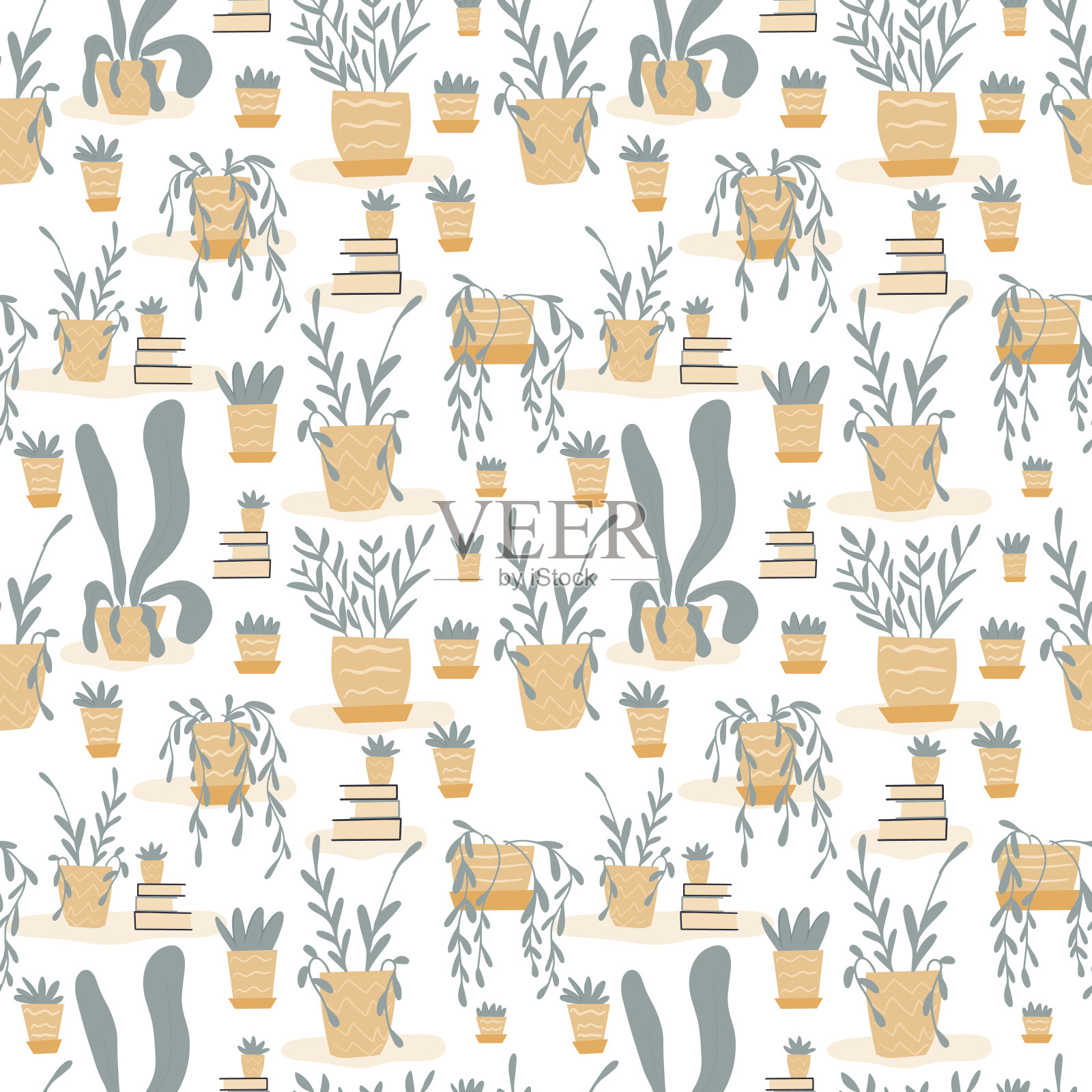 室内植物矢量无缝模式。可爱的花盆植物平面插图。插画图片素材