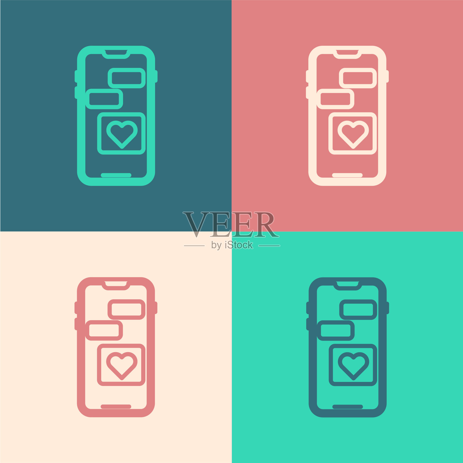 彩色线手机与心图标隔离图标素材