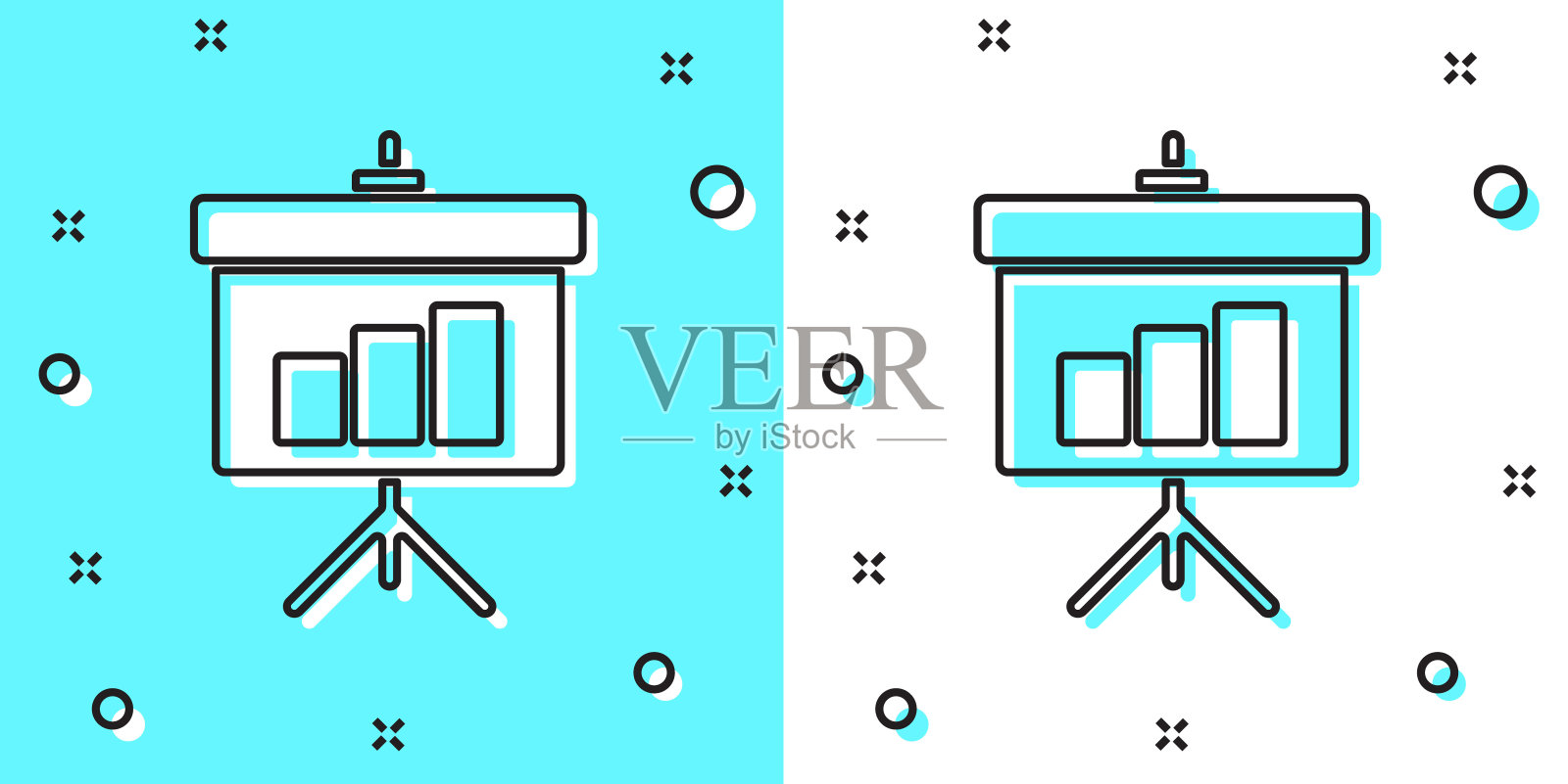 黑线展示板与图形，时间表，图表，图表，信息图，饼图图标隔离在绿色和白色的背景。随机动态形状。矢量图插画图片素材