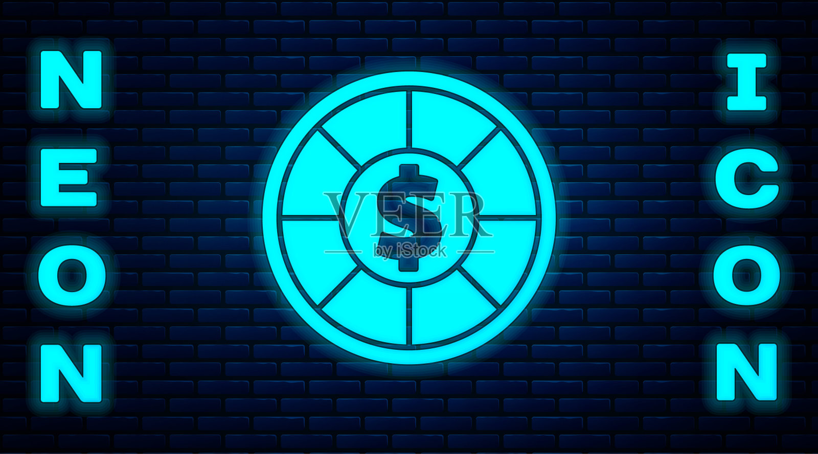 霓虹灯赌场芯片图标孤立的砖墙背景。赌场赌博。矢量图插画图片素材