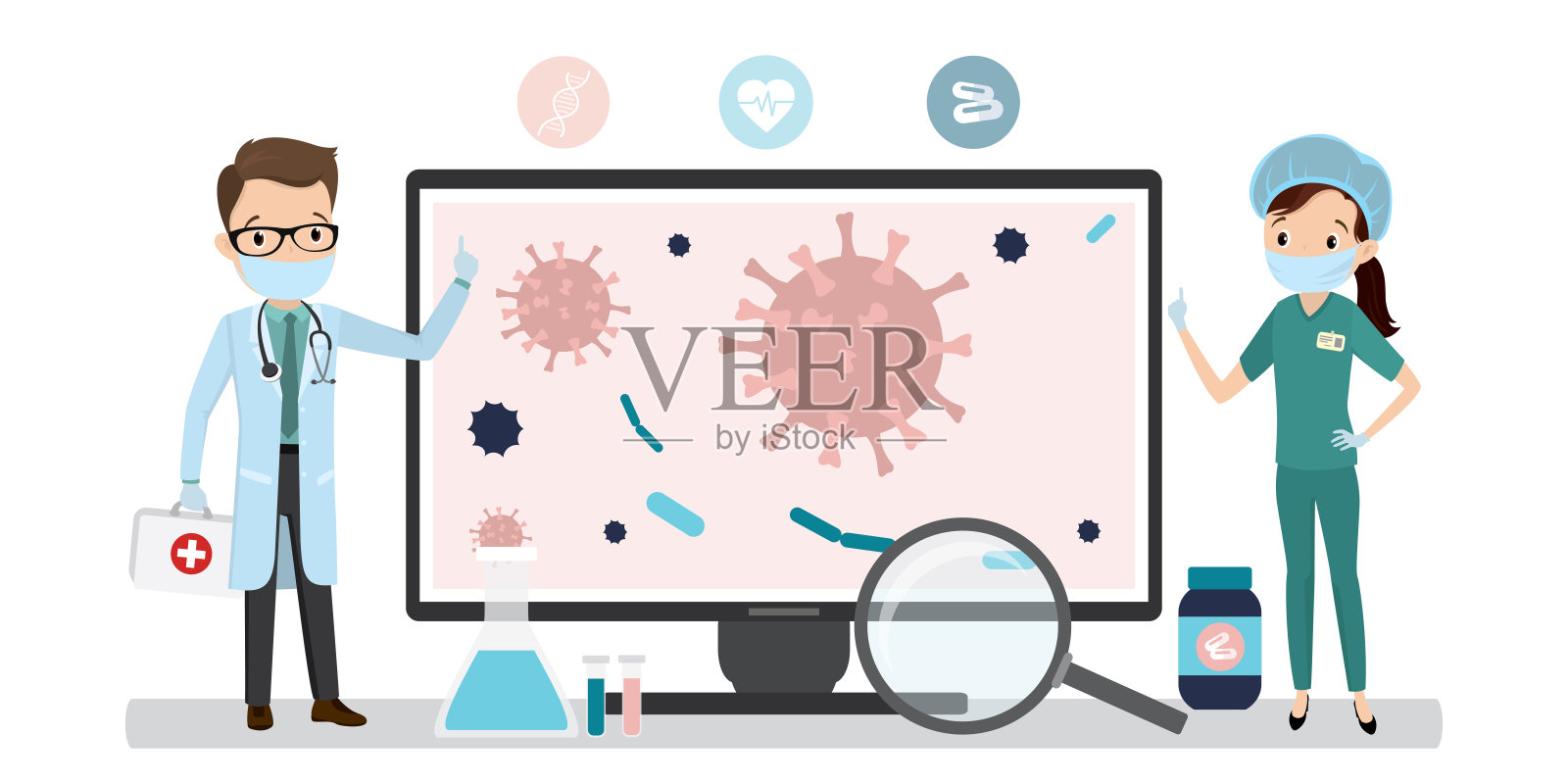 病毒学家警告说，一种新的病毒正在寻找抗病毒药物。穿着防护服的科学家。病毒实验室插画图片素材