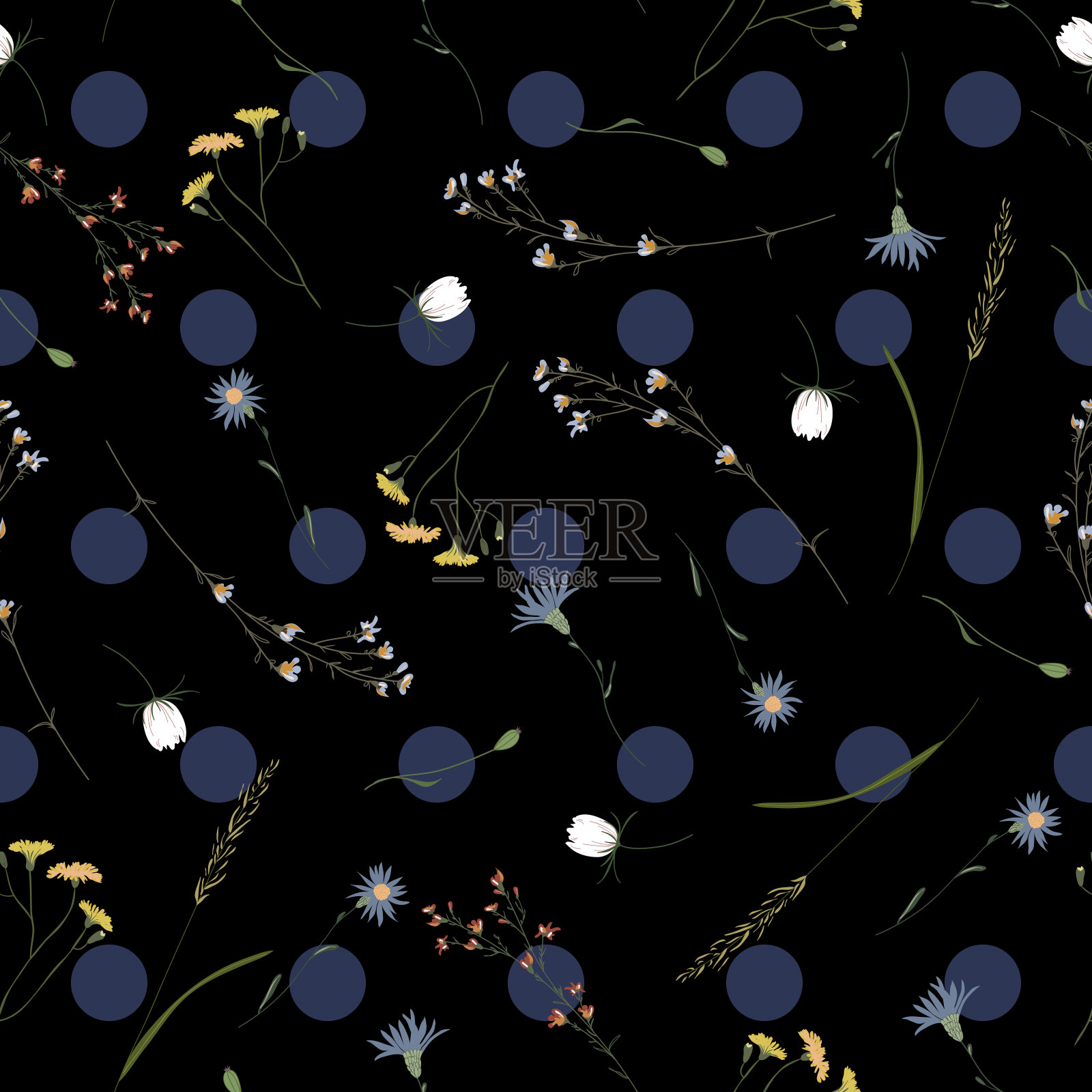 花卉无缝模式。花朵彩色矢量纹理。盛开的植物图案散乱。时尚，凌乱的印花，织物。手工绘制不同的野生草甸花在圆点背景上插画图片素材