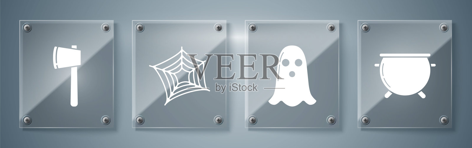 设置万圣节女巫坩埚，幽灵，蜘蛛网和木斧。方形玻璃面板。向量插画图片素材