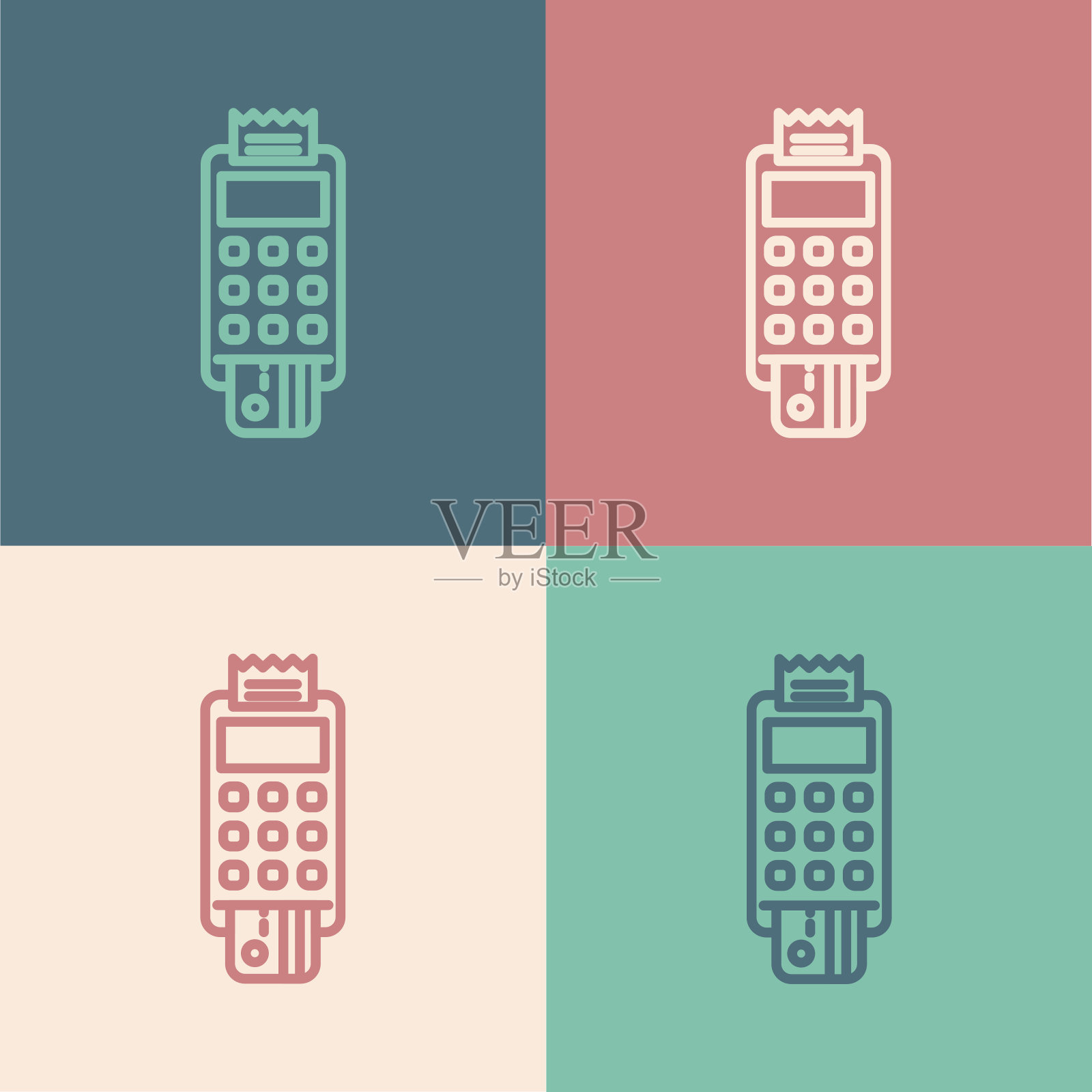 波普艺术线POS终端插入信用卡和打印收据图标隔离在彩色背景。NFC支付的概念。矢量图图标素材