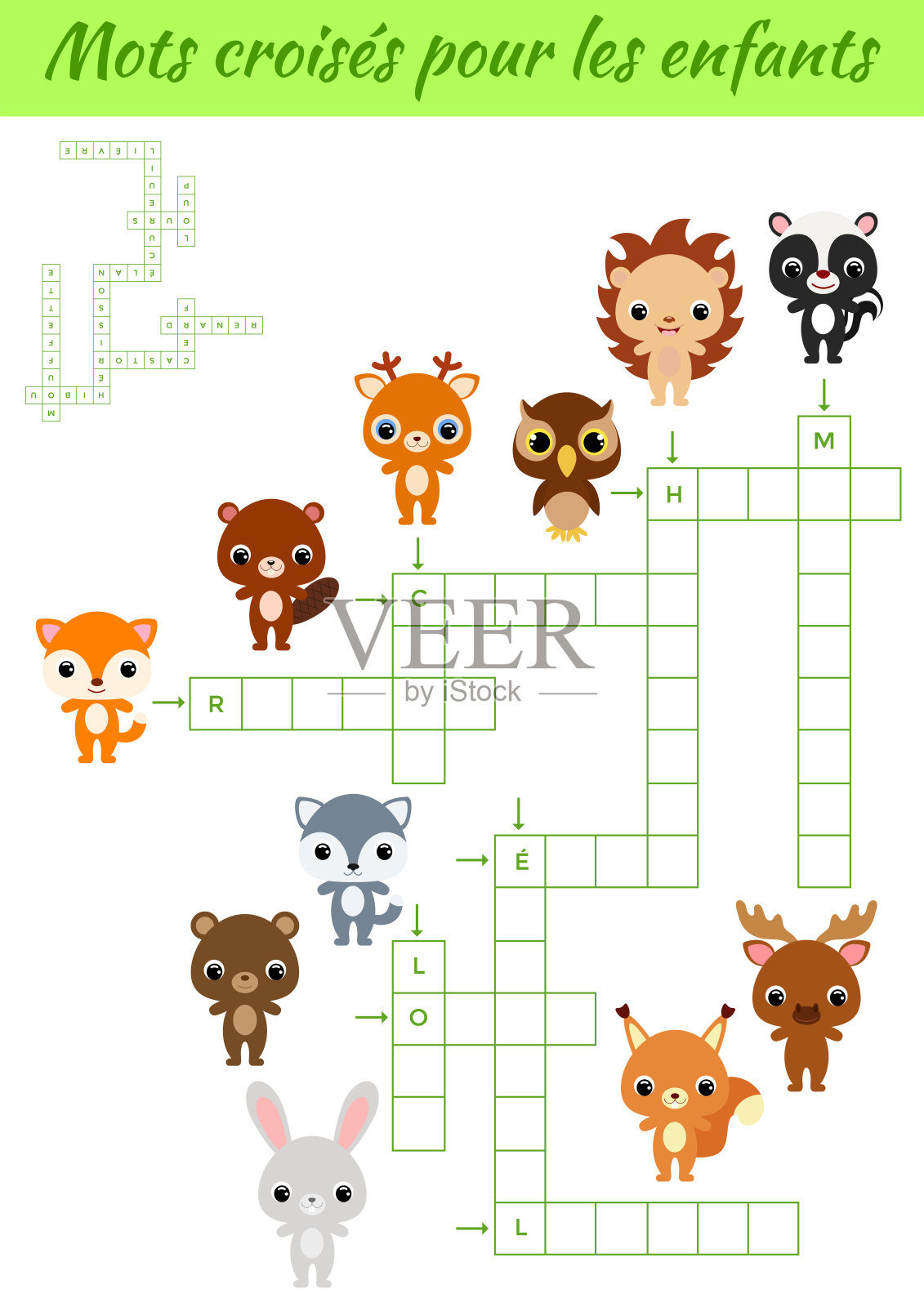 填字游戏的孩子。填字游戏与图片。儿童活动练习表彩色打印版。学习法语单词的教育游戏。矢量插图。插画图片素材