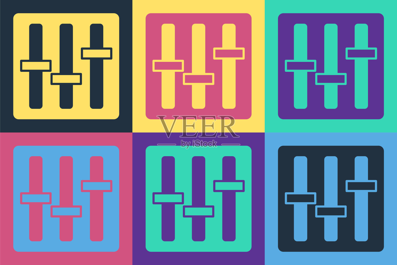 流行艺术混音控制器图标孤立的颜色背景。Dj设备滑动按钮。混合控制台。矢量图图标素材