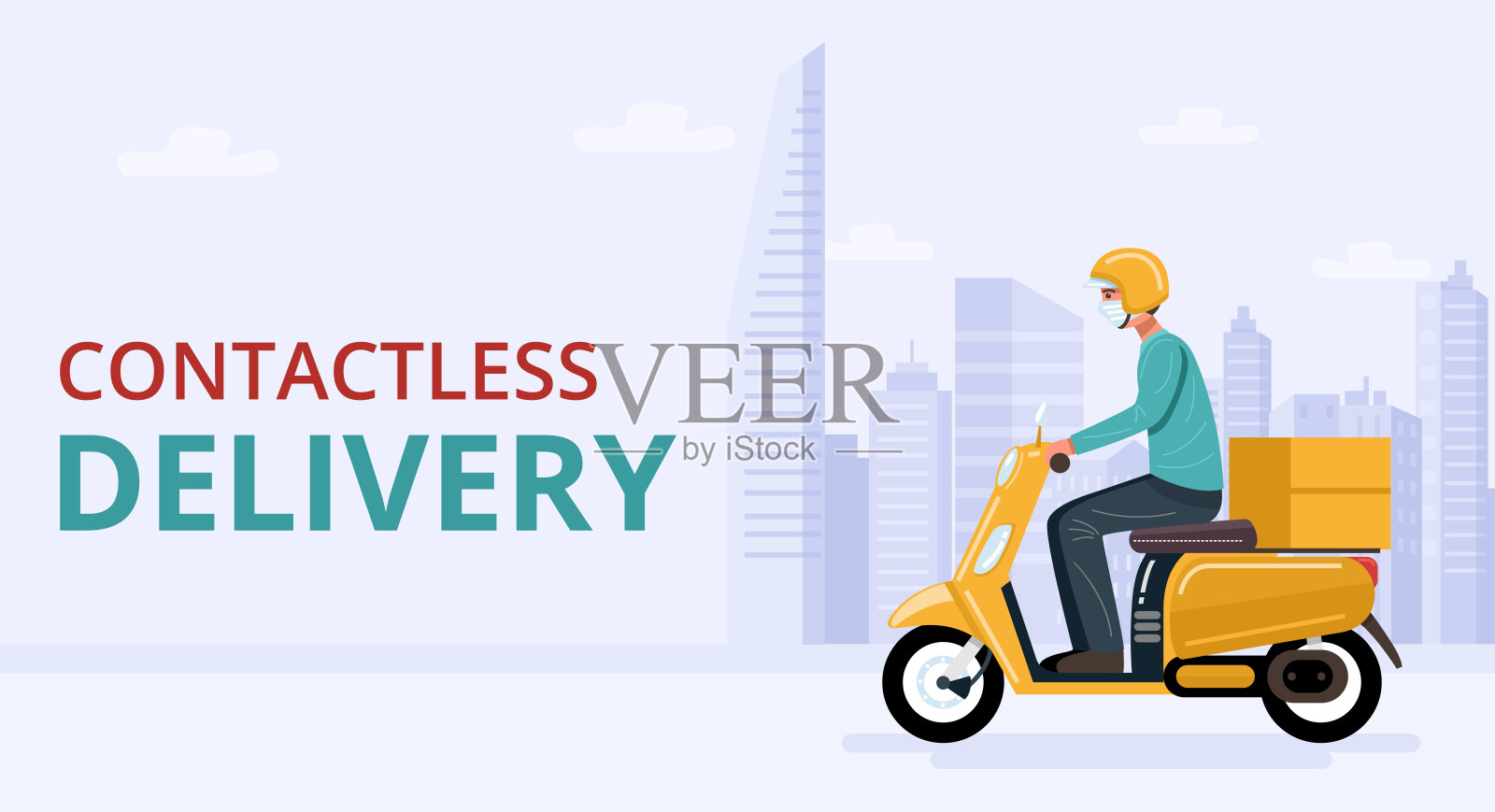 非接触式交付。送货员戴着口罩骑着小摩托车插画图片素材