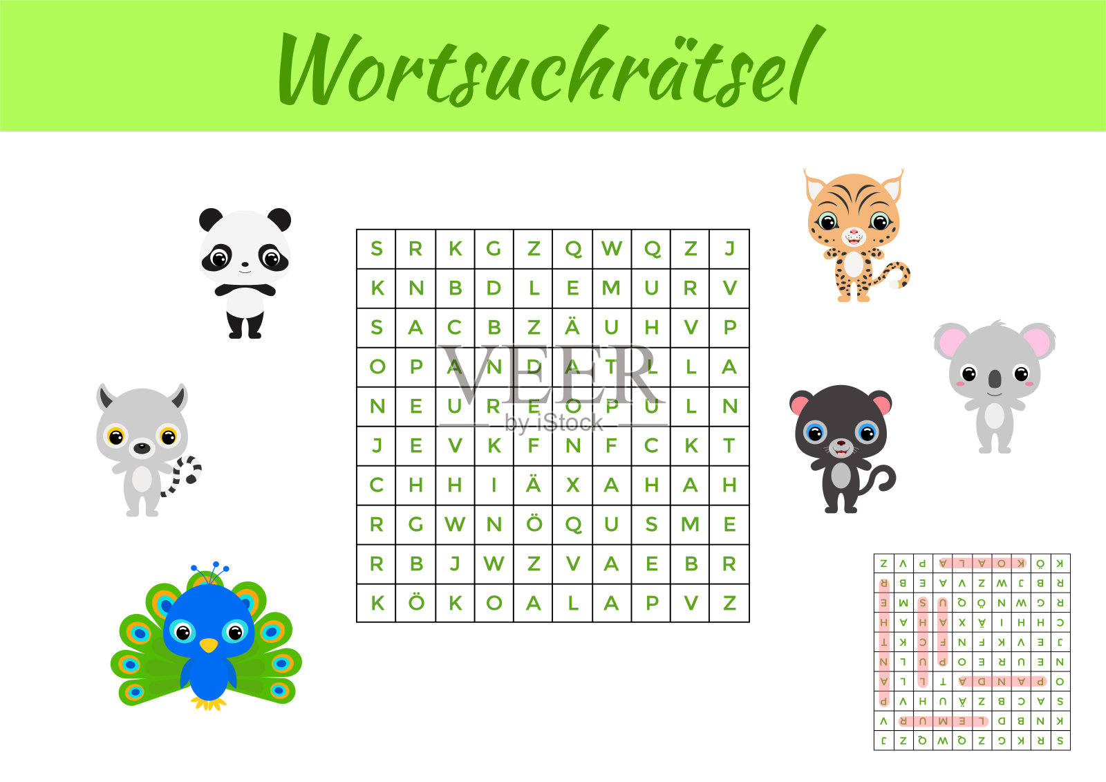 单词搜索难题。剪贴卡游戏模板。儿童活动练习表彩色打印版。学习德语单词的教育游戏。包括答案。向量股票插图插画图片素材