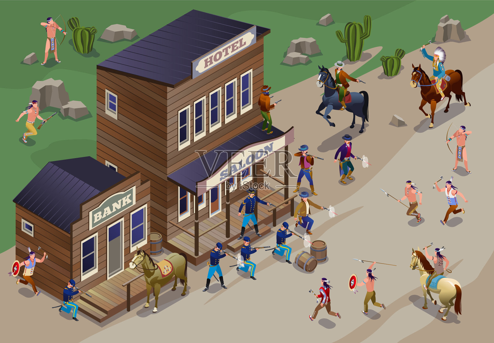 印第安人攻击城镇西部插图插画图片素材