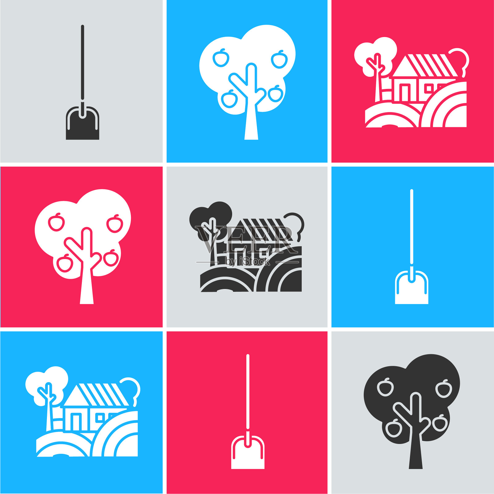 设置铲树与苹果和农场的概念图标素材