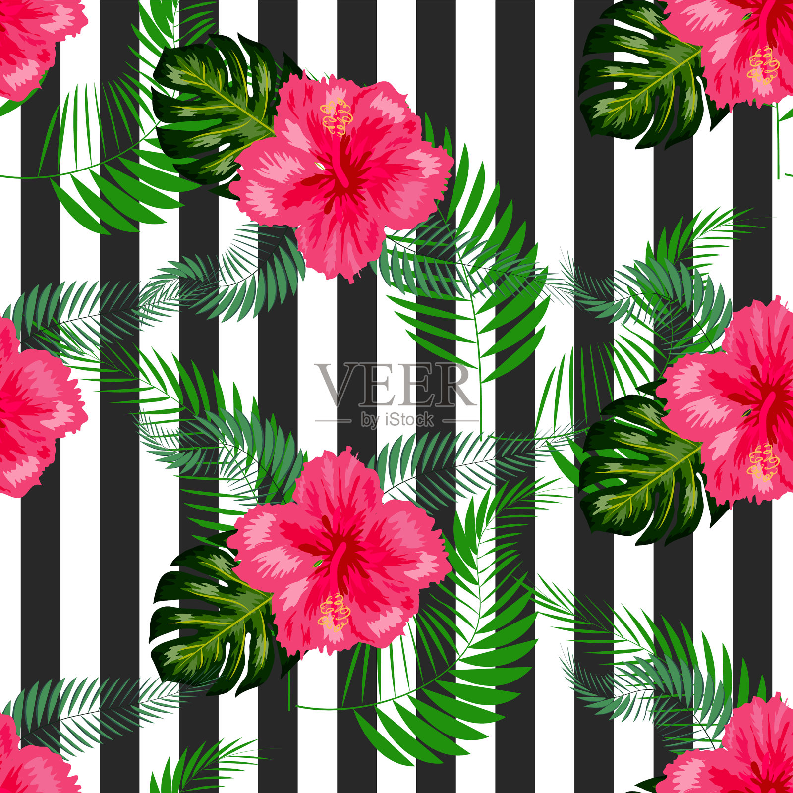 无缝热带花与刷条纹插画图片素材